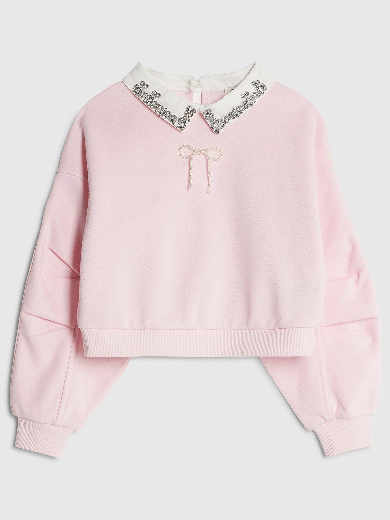 River Island Older Girls Embellished Bow Collar Sweatshirt - Pink