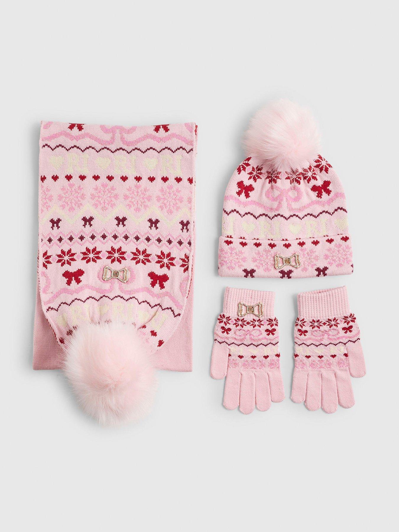 Image 1 of 3 of River Island Older Girls Bow Fairisle 3 Piece Beanie Bundle - Pink