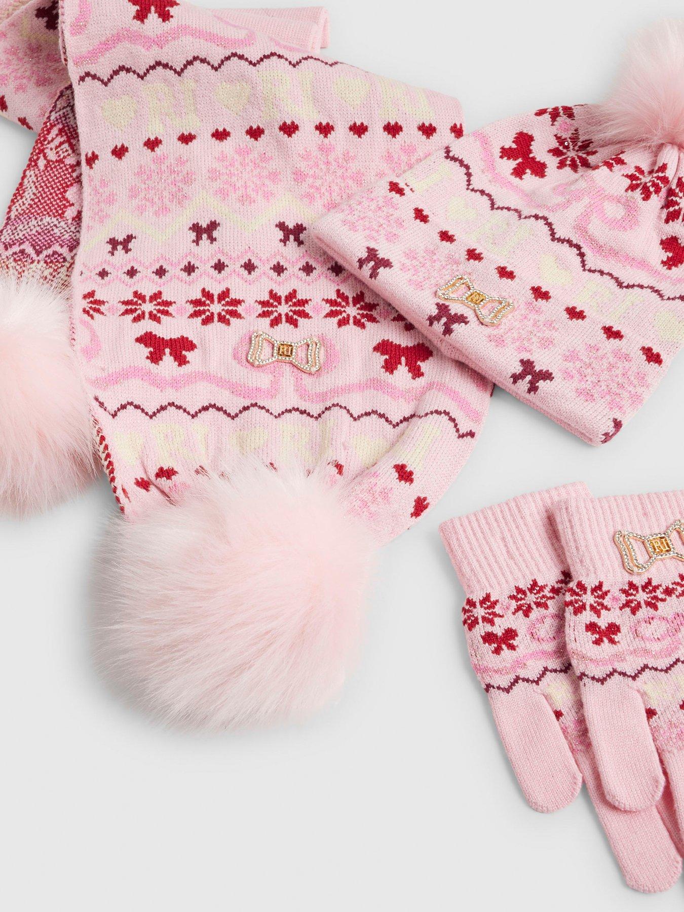 Image 2 of 3 of River Island Older Girls Bow Fairisle 3 Piece Beanie Bundle - Pink
