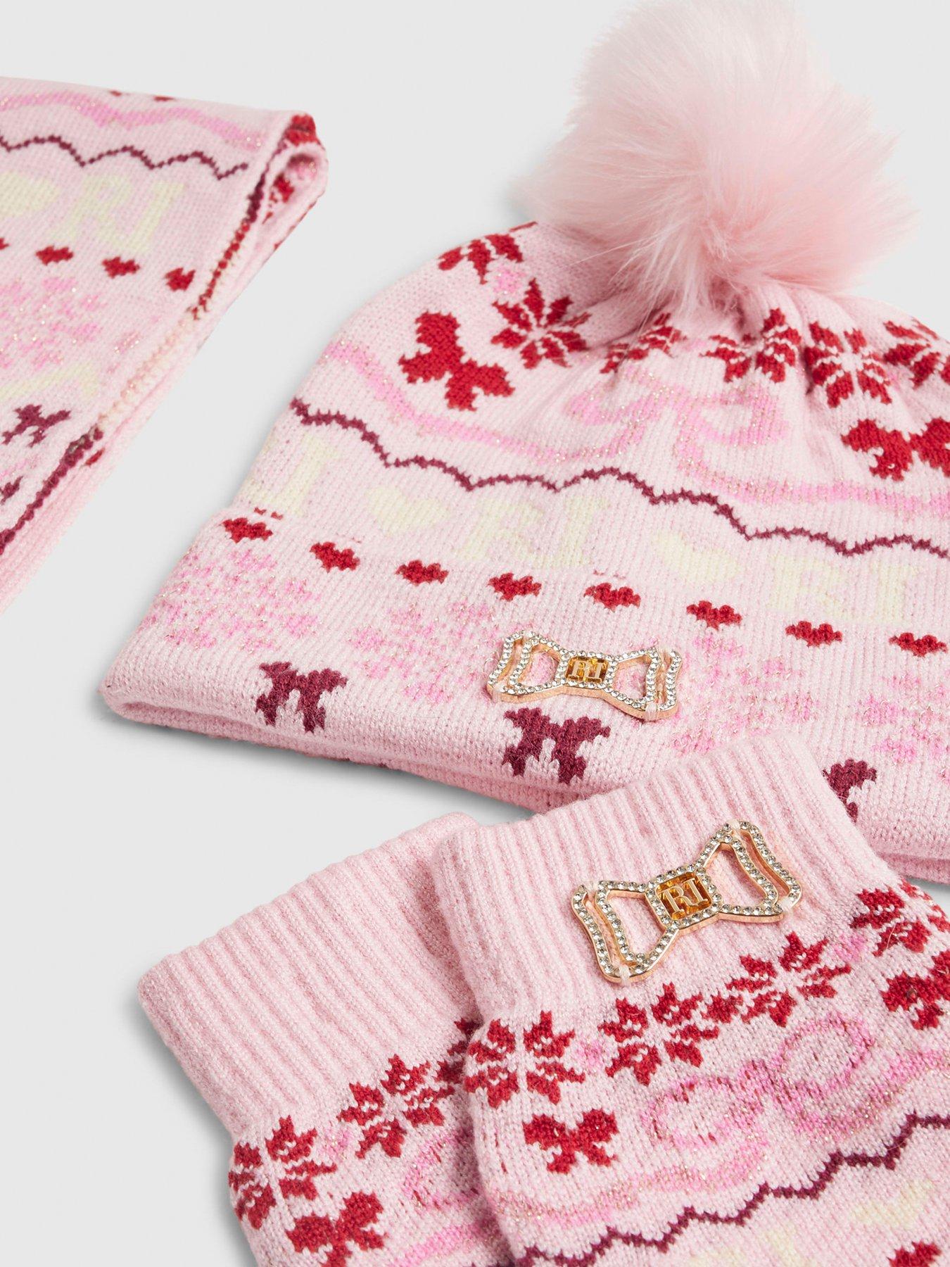 Image 3 of 3 of River Island Older Girls Bow Fairisle 3 Piece Beanie Bundle - Pink