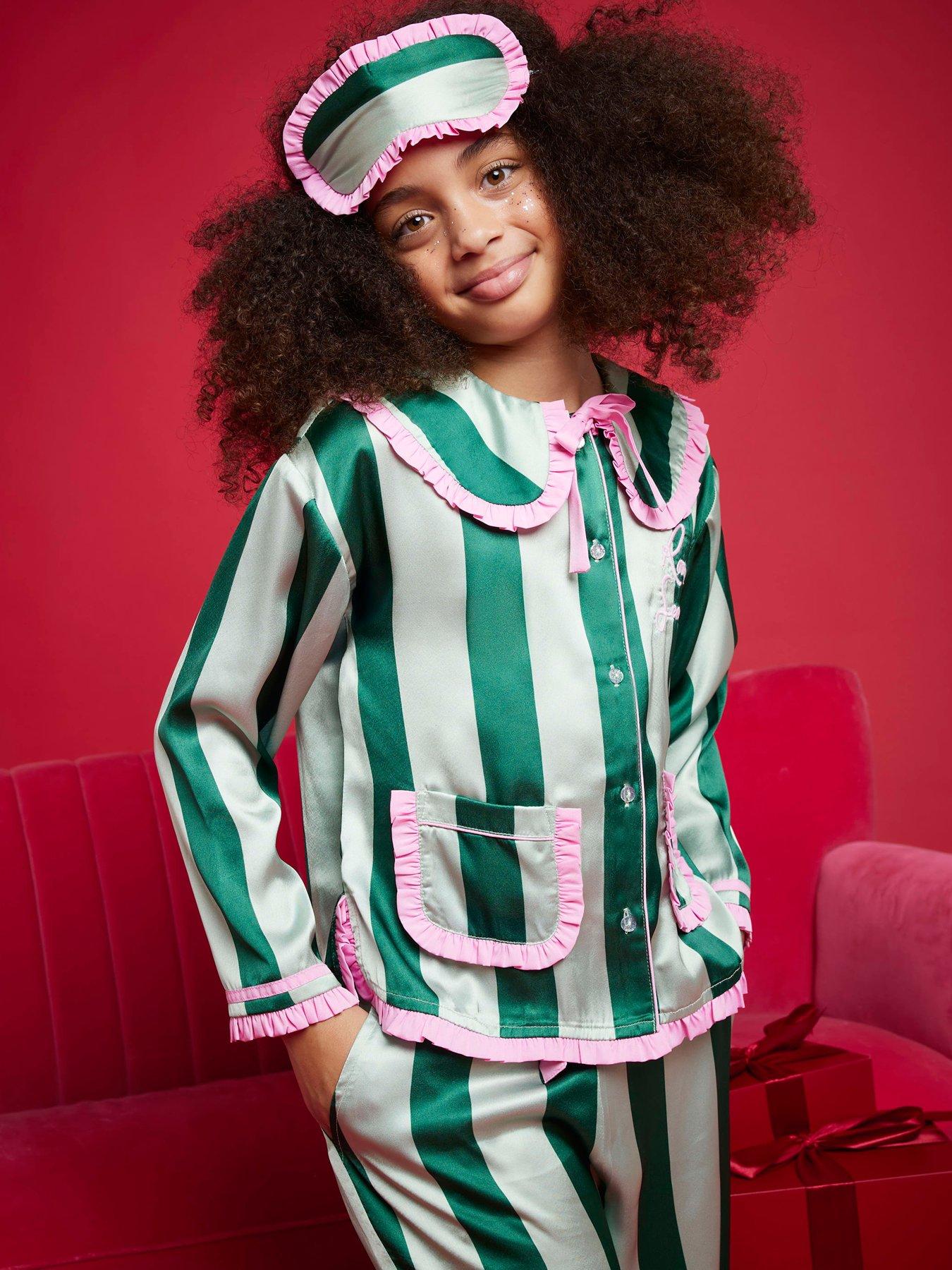 Image 5 of 5 of River Island Older Girls Nephthys Stripe Satin Pyjamas - Green