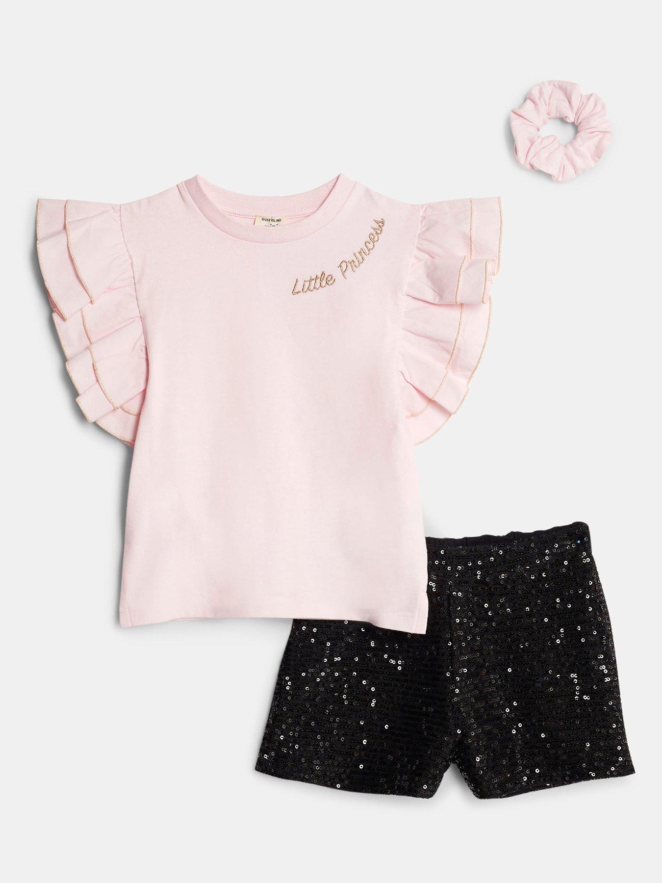 River Island Mini Mini Girls Little Princess 3 Piece Frill Sleeve Sequin Short Set - Pink