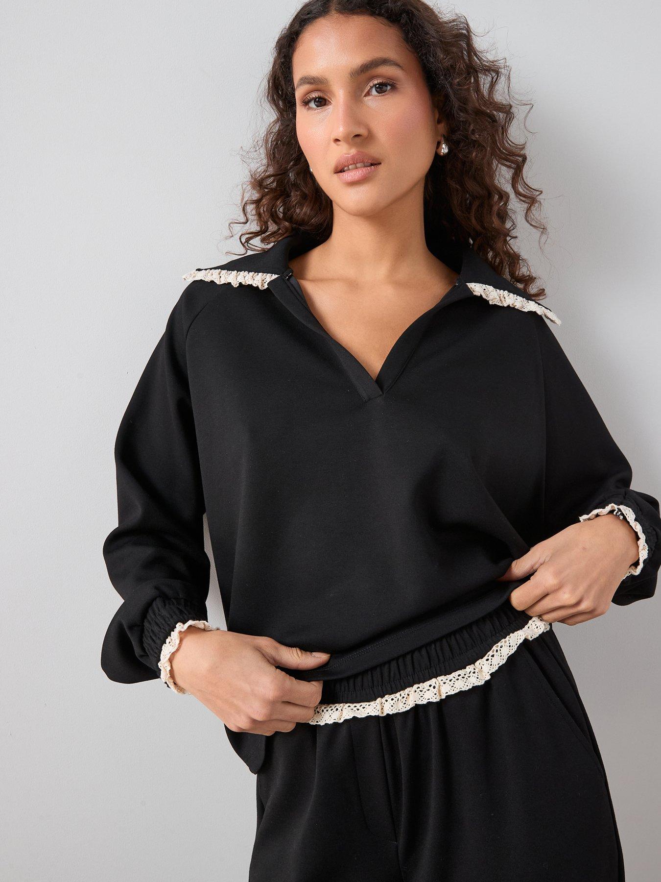 The Very Collection Collared Lace Trim Sweatshirt Co-Ord - Black