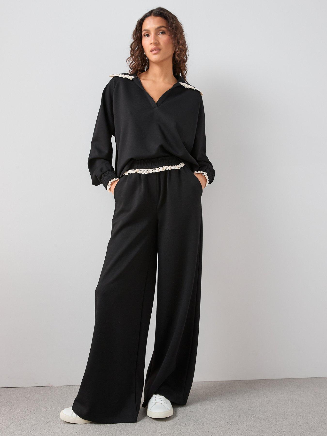 Image 1 of 6 of The Very Collection Wide Leg Lace Trim Joggers Co-Ord - Black
