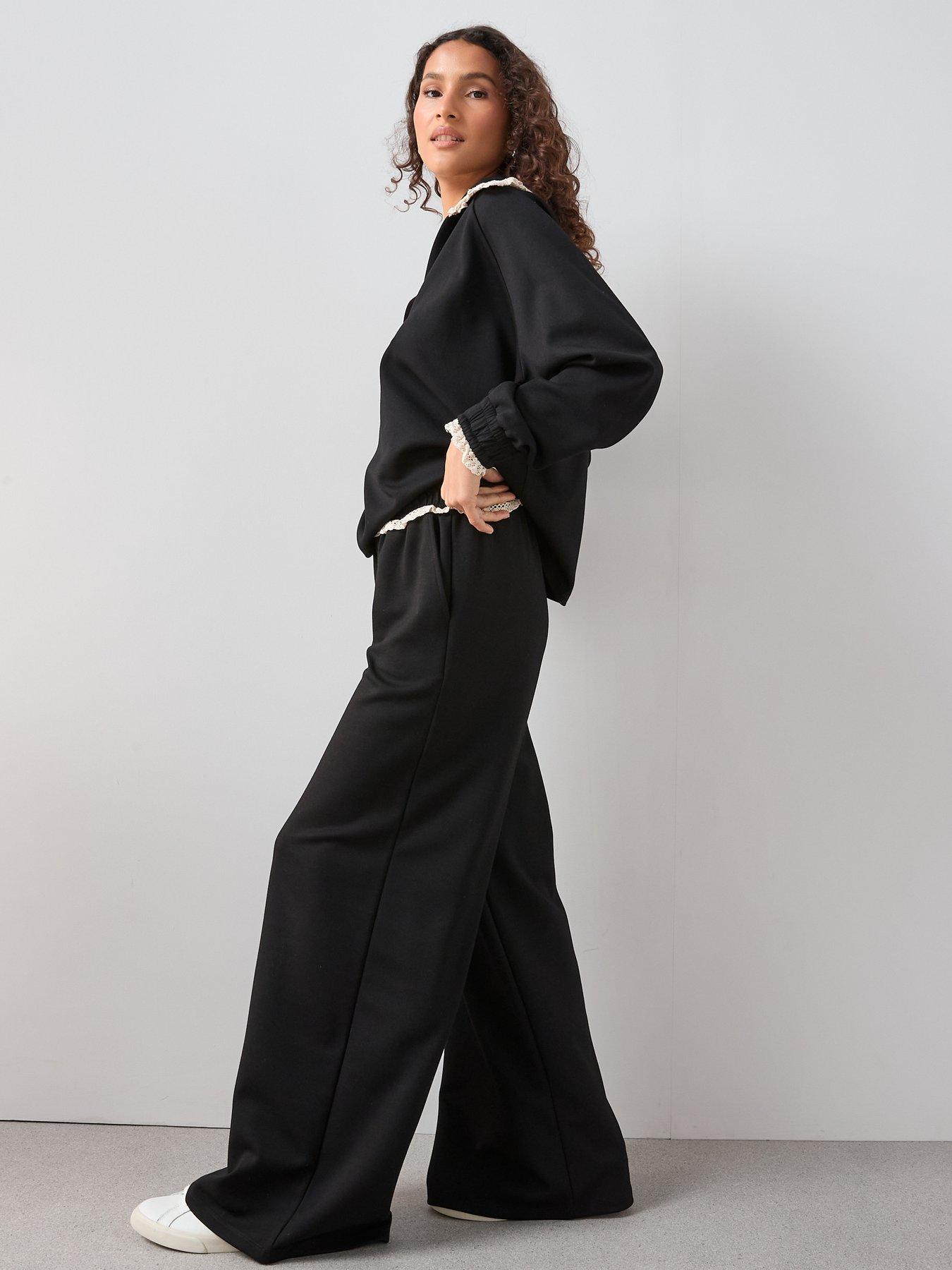 Image 5 of 6 of The Very Collection Wide Leg Lace Trim Joggers Co-Ord - Black