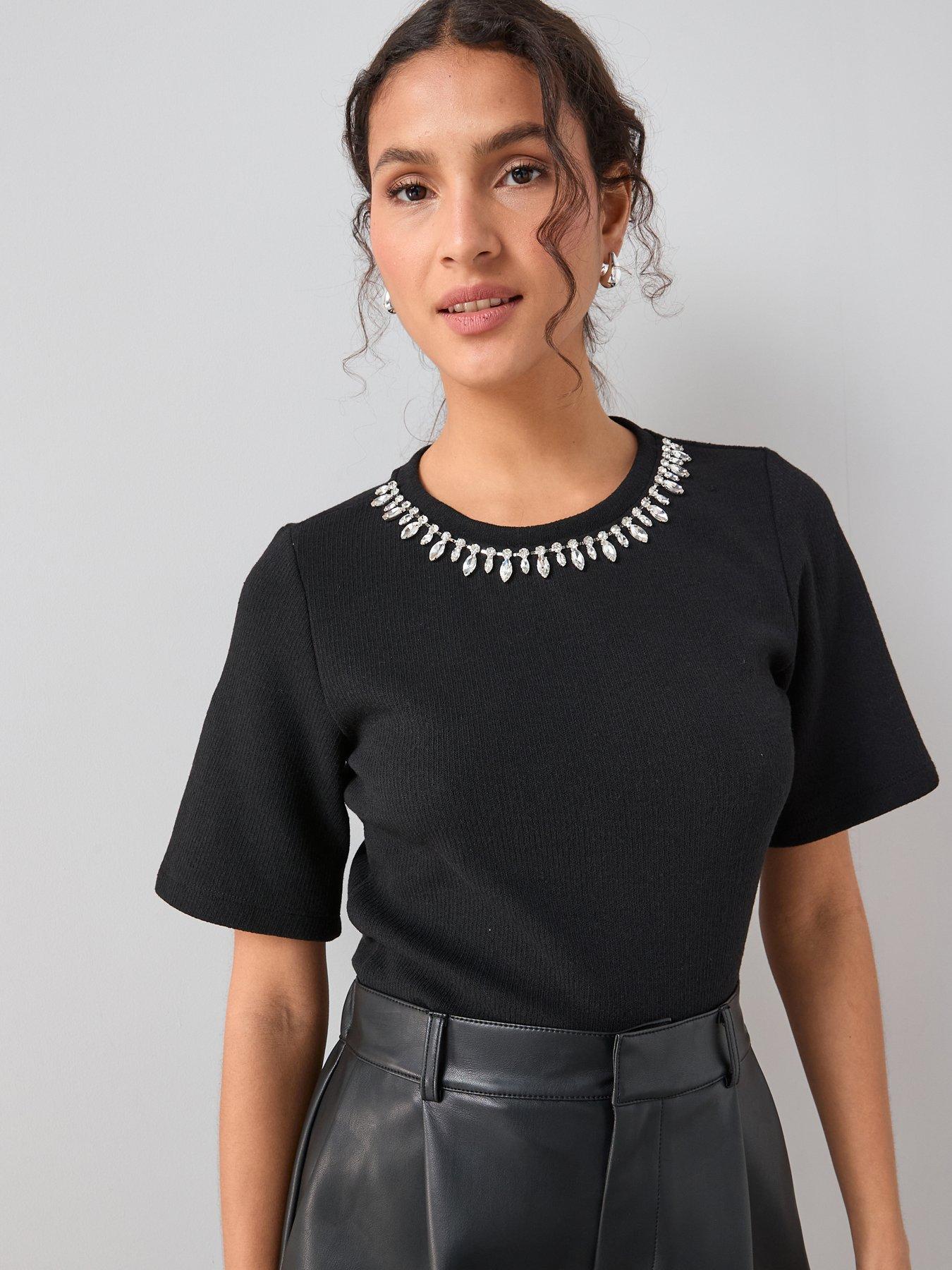 The Very Collection Diamante Trim Short Sleeve Top - Black
