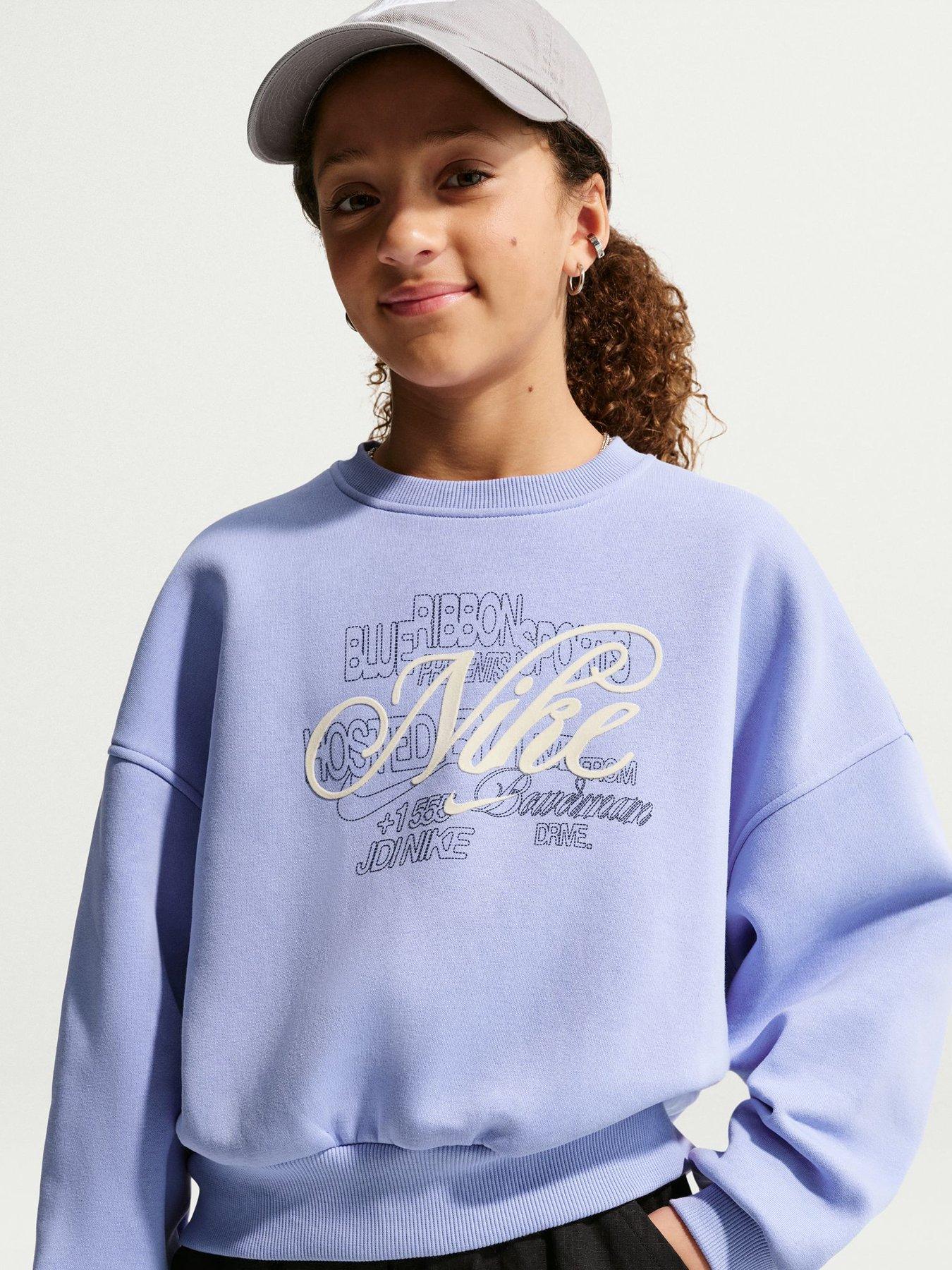 Image 1 of 5 of Nike Big Kids Girls Sportswear Club Boxy Graphic Crew Sweatshirt - Purple