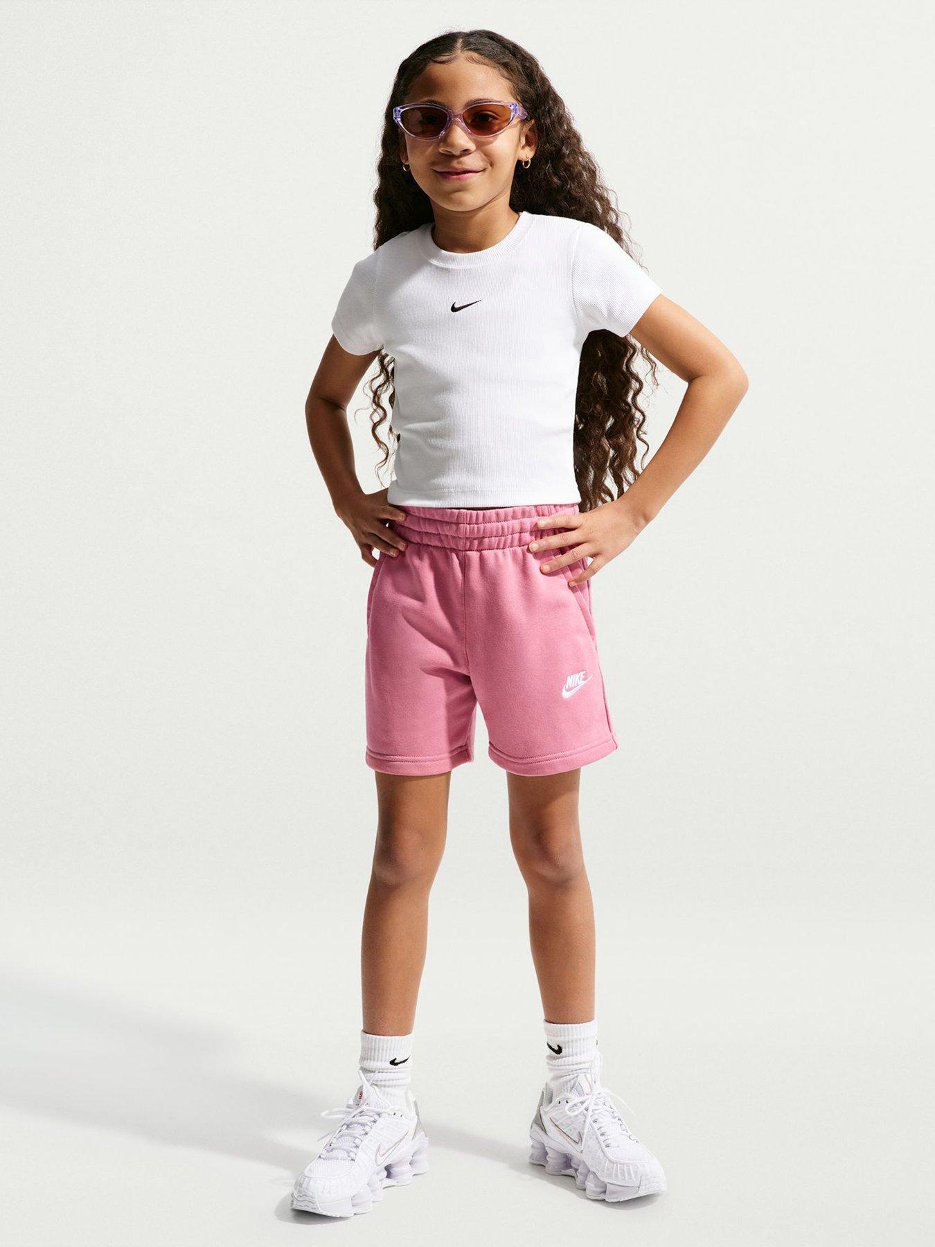 Nike Big Kids Girls Sportswear Club 5 Inch French Terry Shorts - Pink in Peony/Peony/White