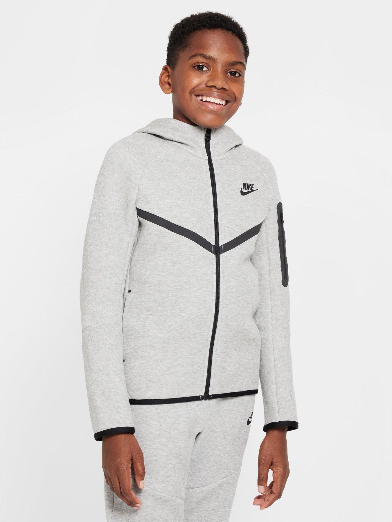 Nike Big Kids Tech Fleece Full Zip Hoodie - Grey in Dk Grey Heather/Black/Black