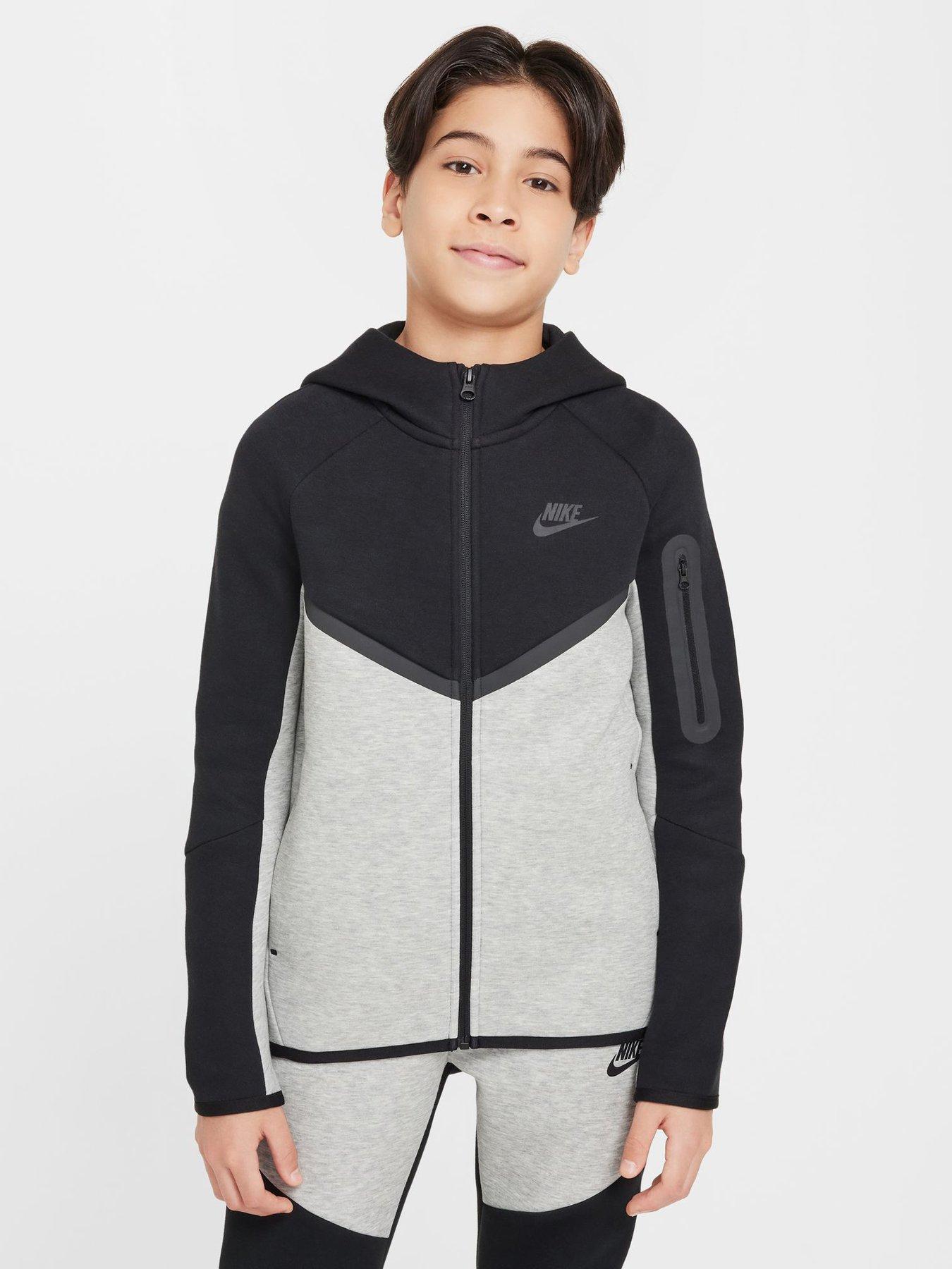 Nike Big Kids Tech Fleece Full Zip Hoodie - Black in Dk Grey Heather/Black/Black