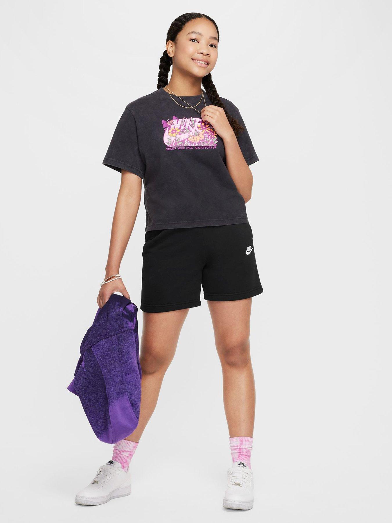 Nike Big Kids Girls Sportswear Club 5 Inch French Terry Shorts - Black in Black/Black/White