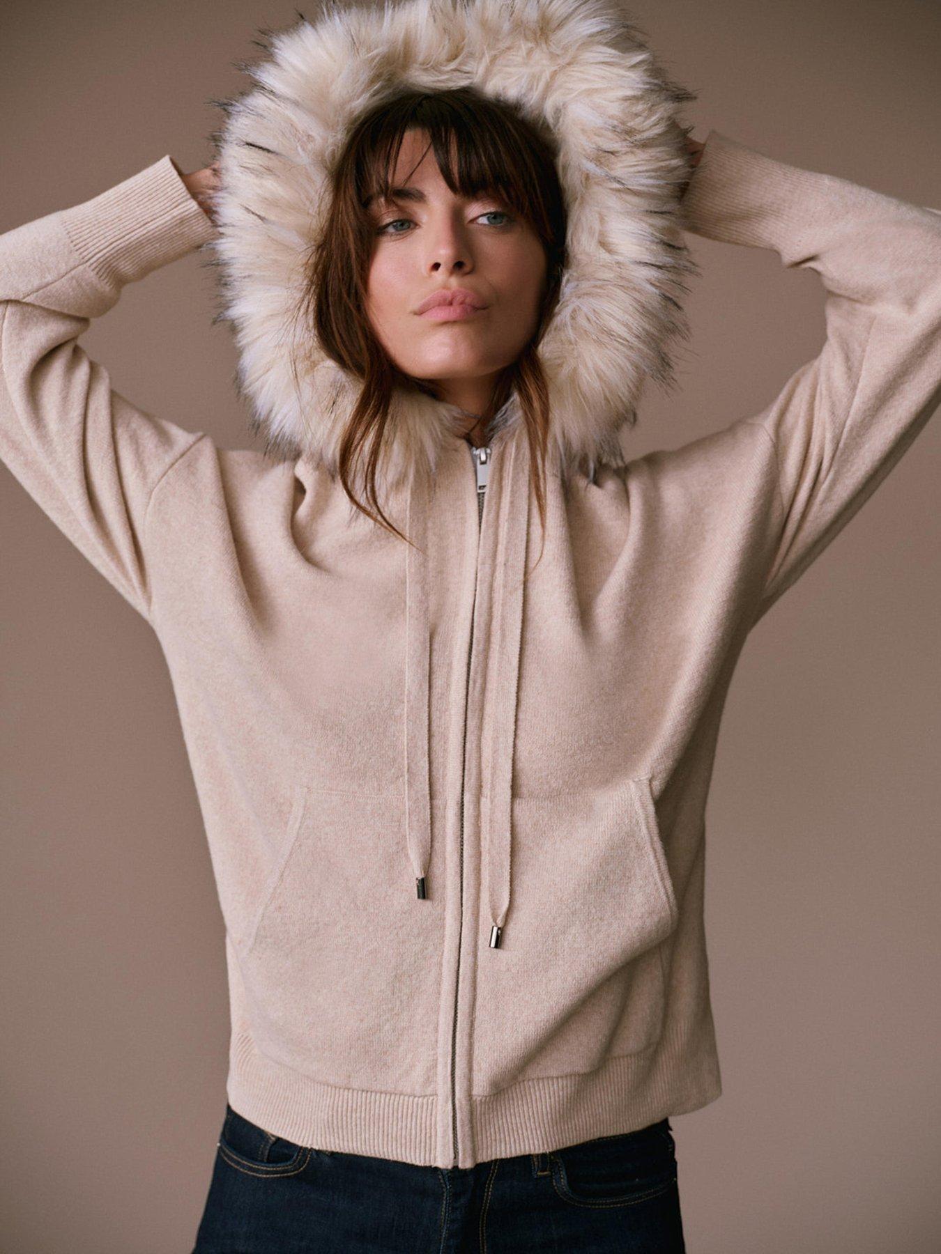 Mint Velvet Neutral Faux Fur Trim Hoodie - Cream
