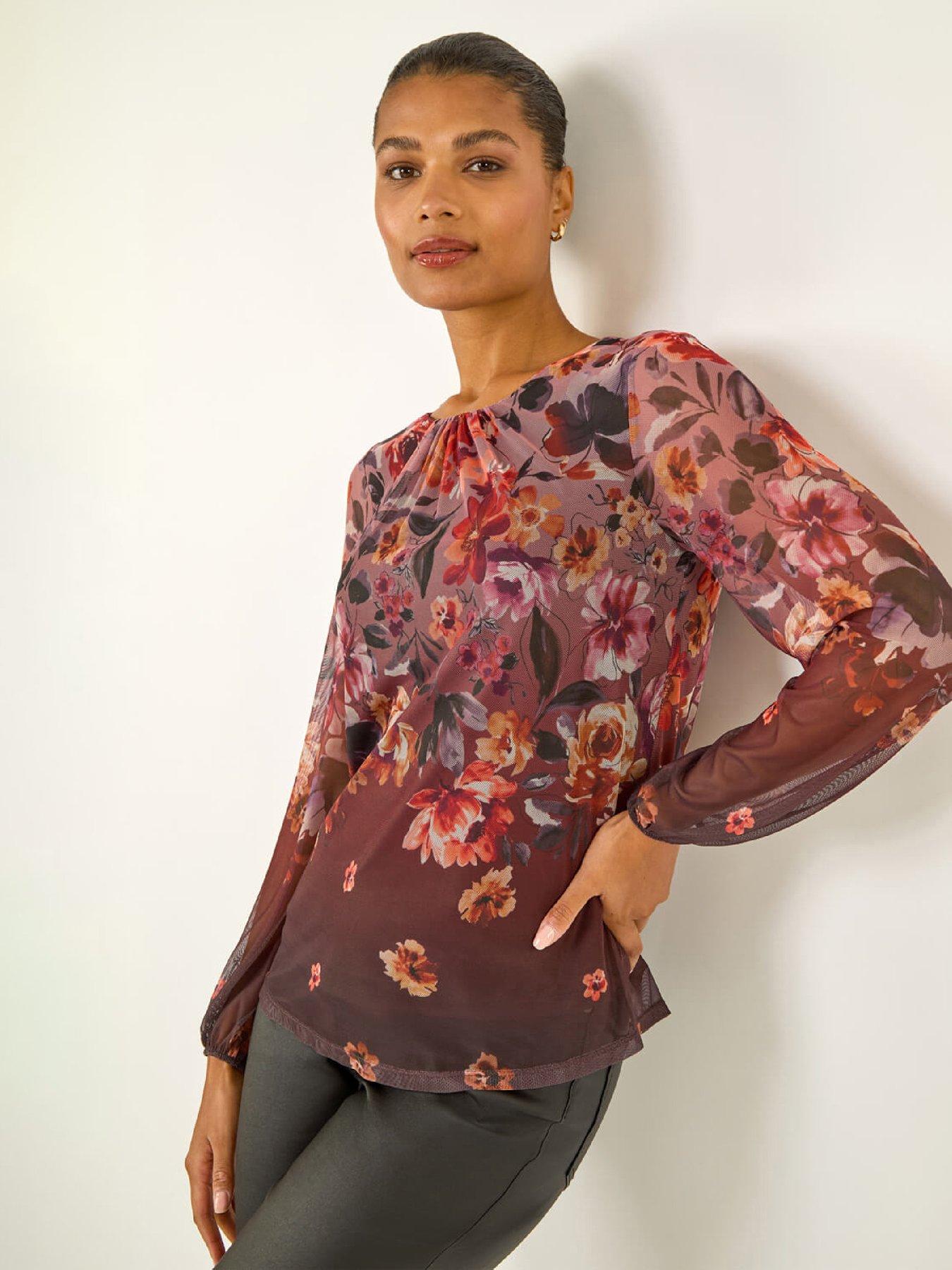 Roman Floral Print Mesh Top - Chocolate