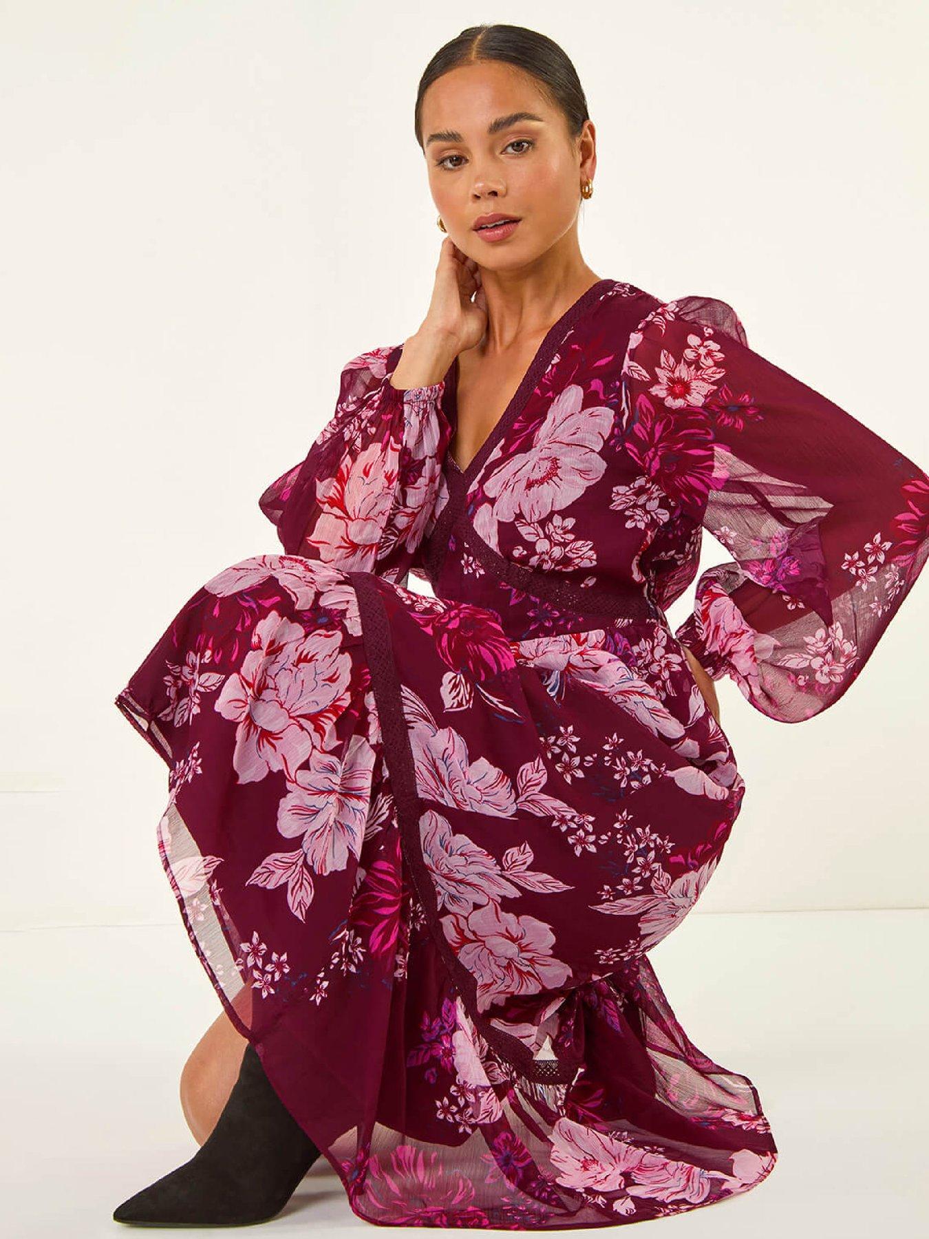 roman-petite-floral-print-trim-midi-dress-wineoutfit