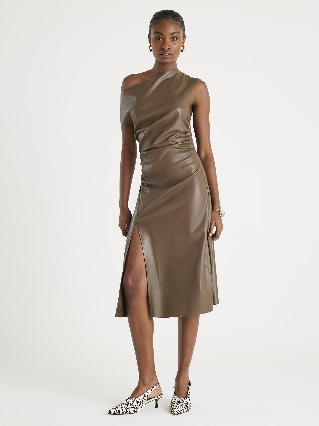 Image 1 of 4 of River Island Drape Pu Midi Dress - Brown