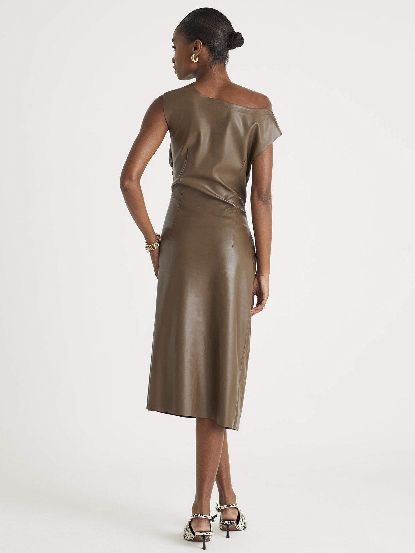 Image 2 of 4 of River Island Drape Pu Midi Dress - Brown
