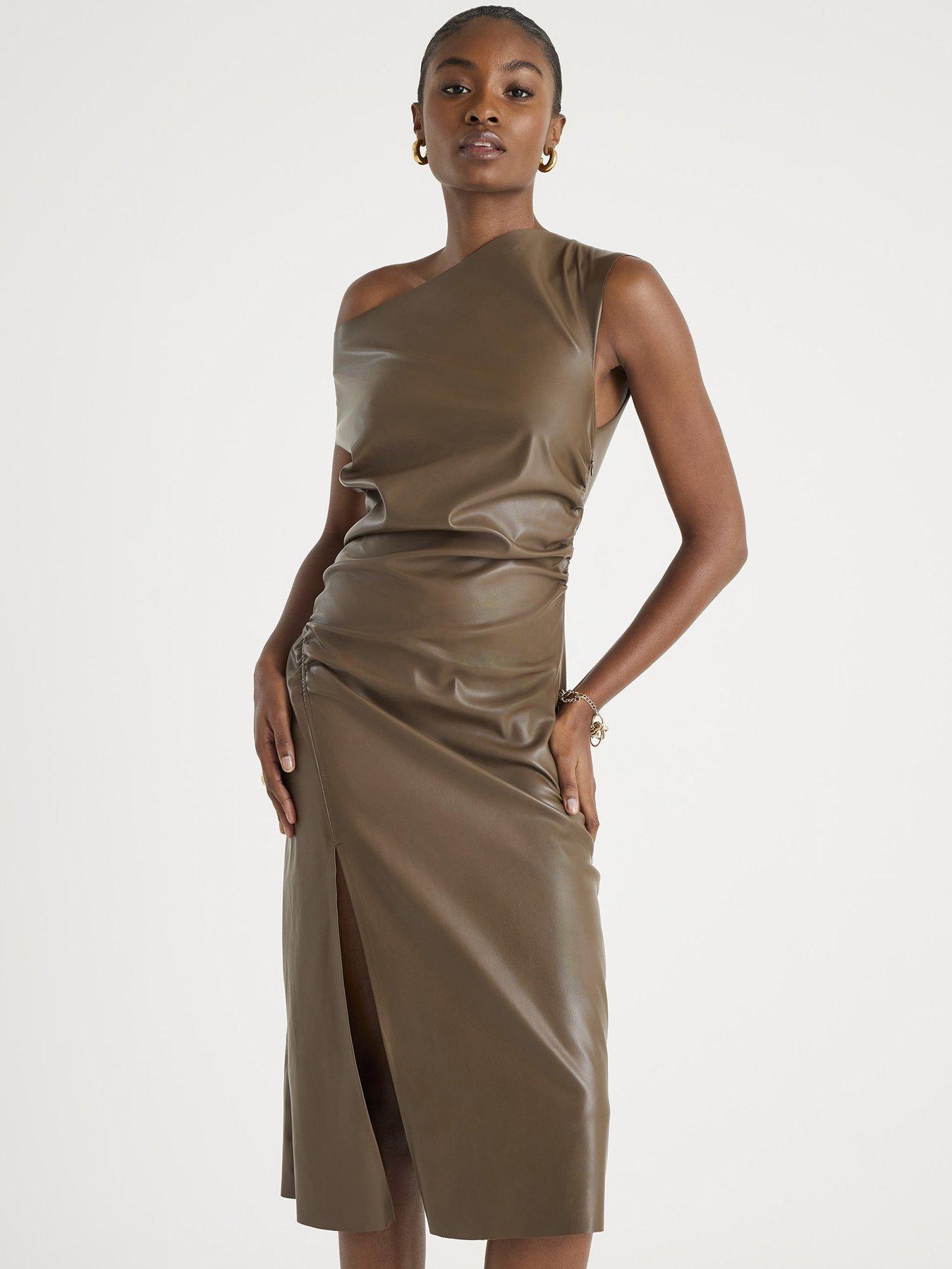 Image 3 of 4 of River Island Drape Pu Midi Dress - Brown