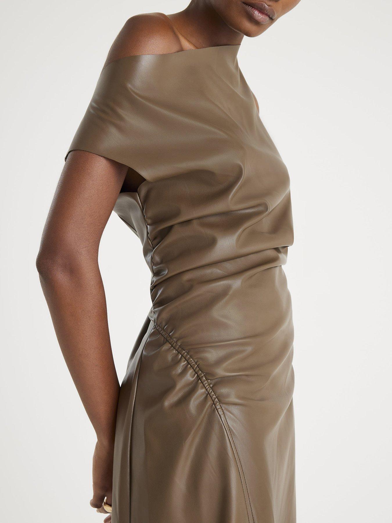 Image 4 of 4 of River Island Drape Pu Midi Dress - Brown