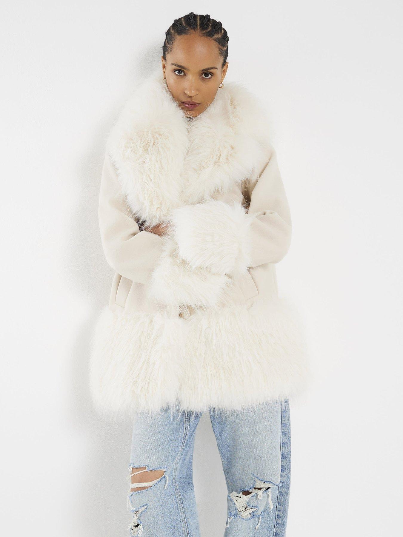 River Island Faux Fur Swing Coat - Cream