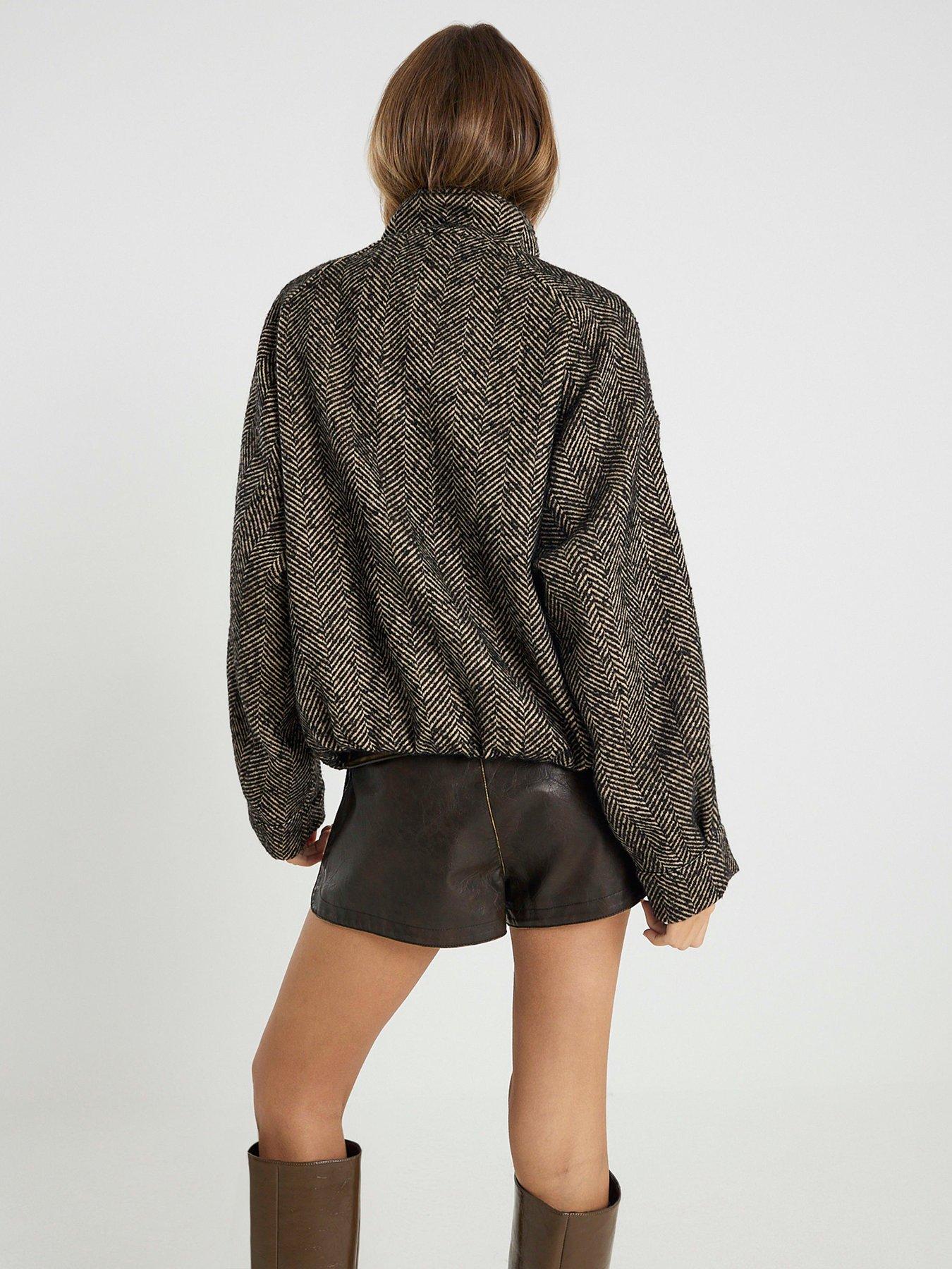 Image 2 of 4 of River Island Herringbone Faux Wool Bomber - Brown