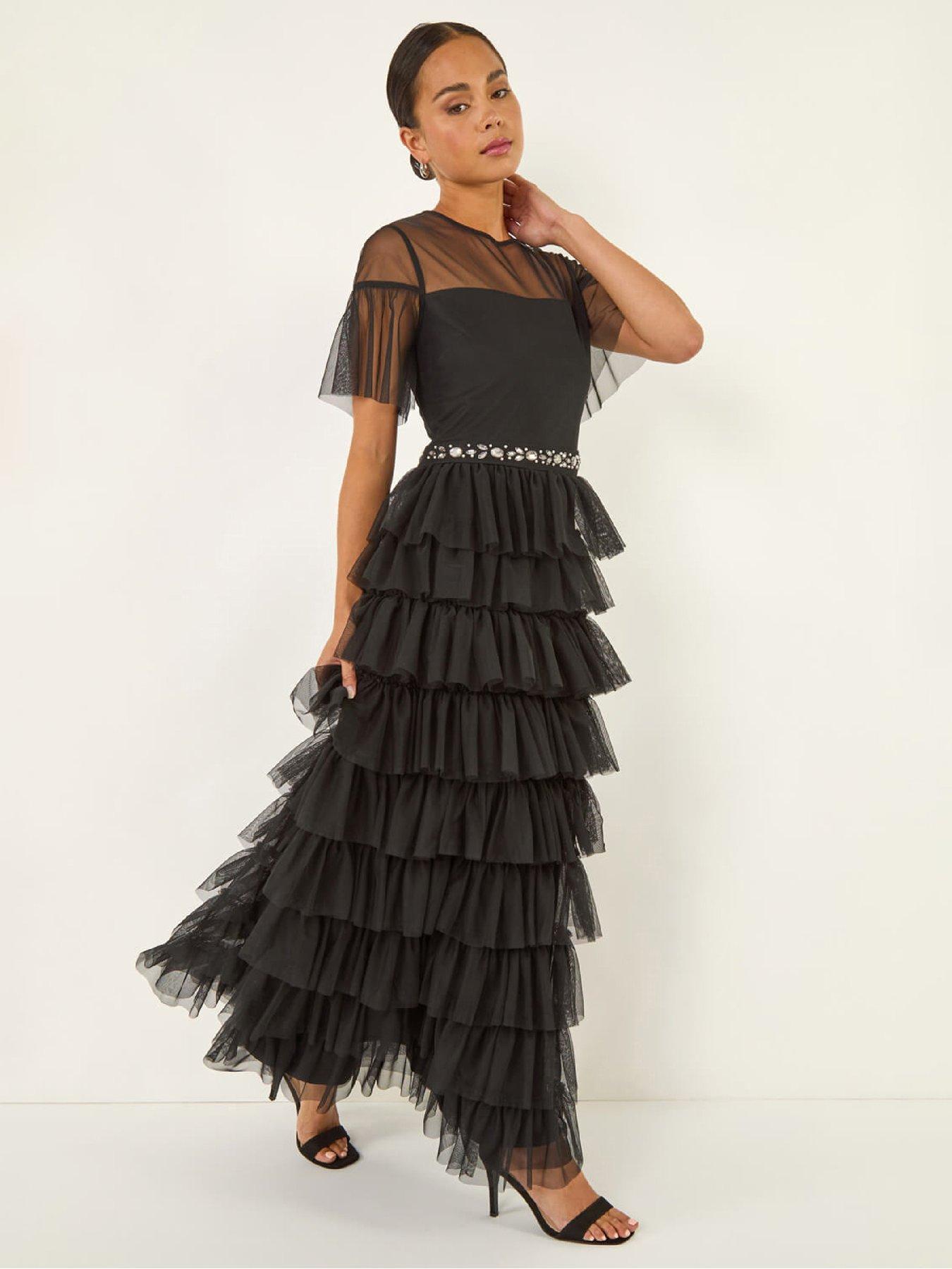 roman-petite-embellished-mesh-tiered-dress-black