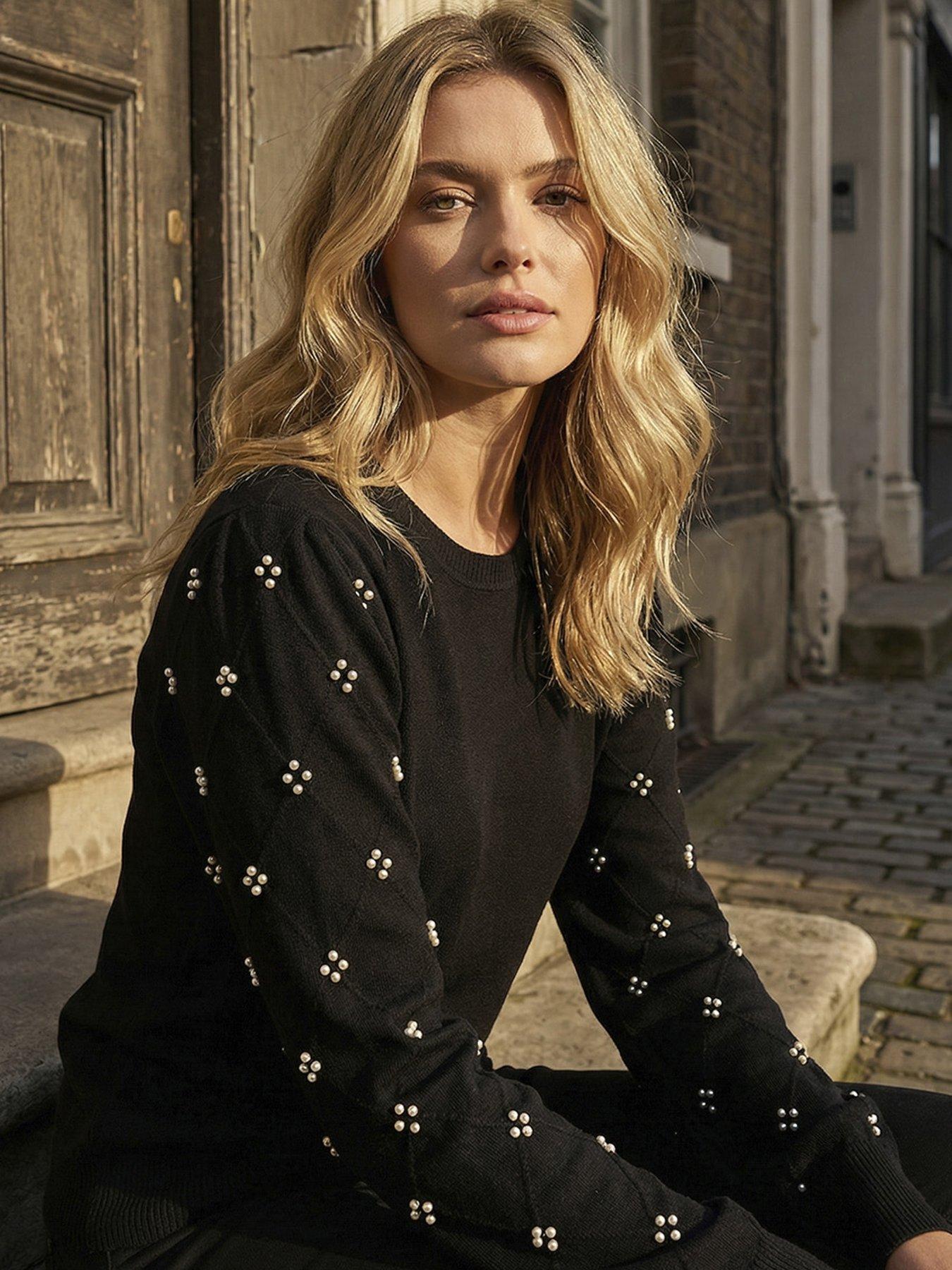 Roman Petite Faux Pearl Contrast Cable Knit Jumper - Black