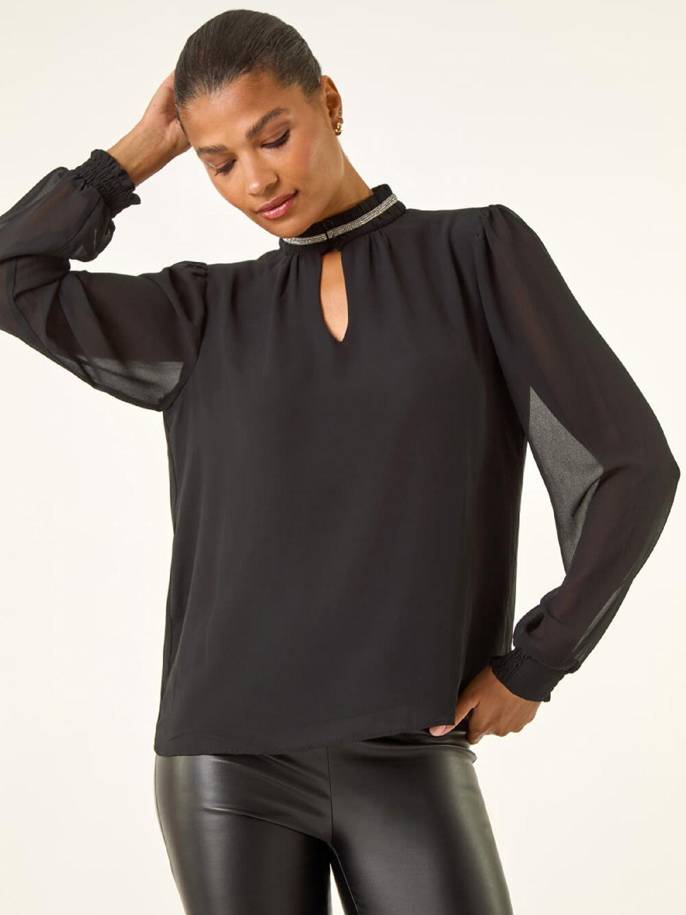 Roman Diamante Trim High Neck Top - Black