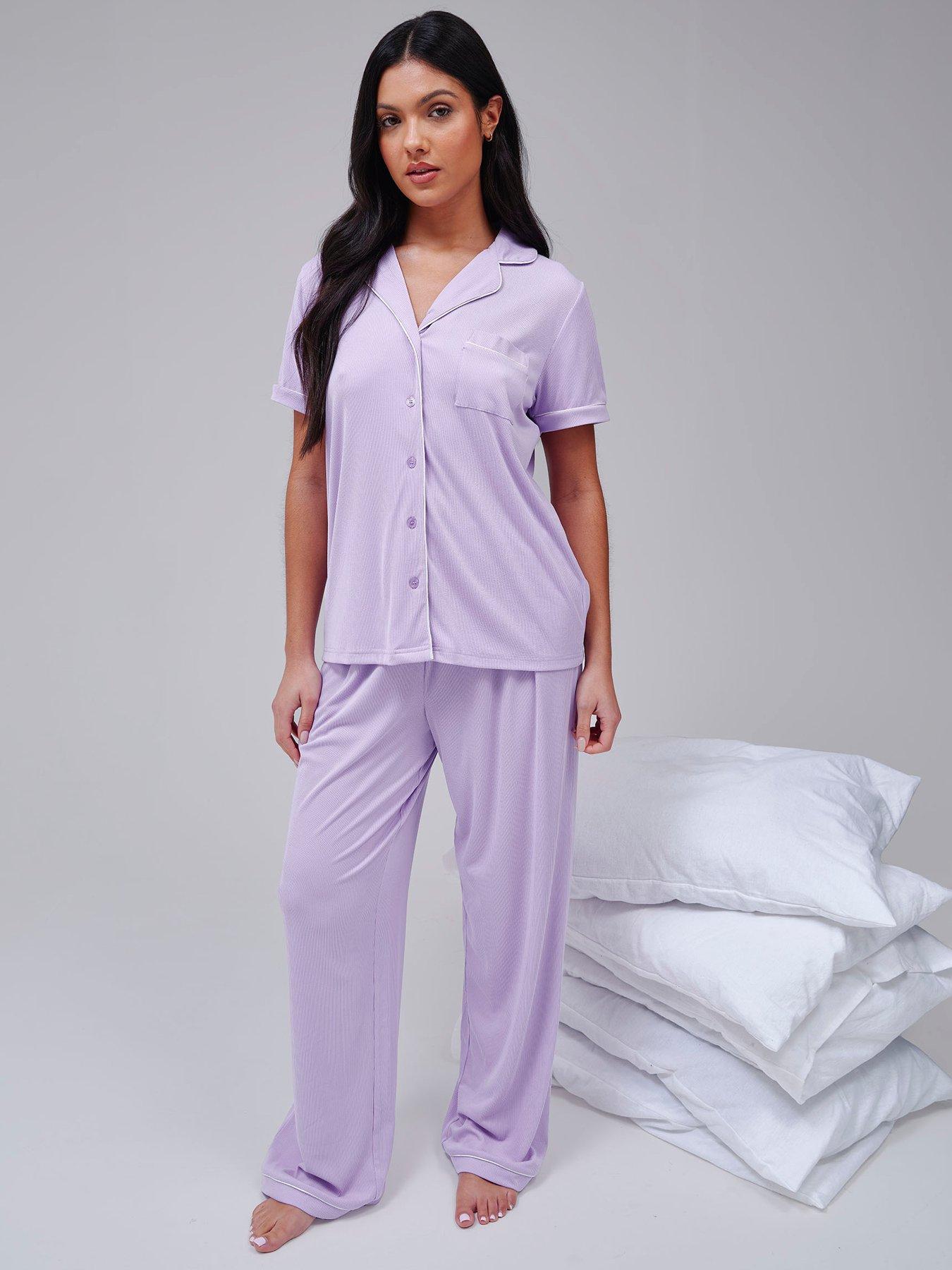 loungeable-super-soft-jersey-rib-traditional-short-sleeve-long-pant-set-lilac-purple