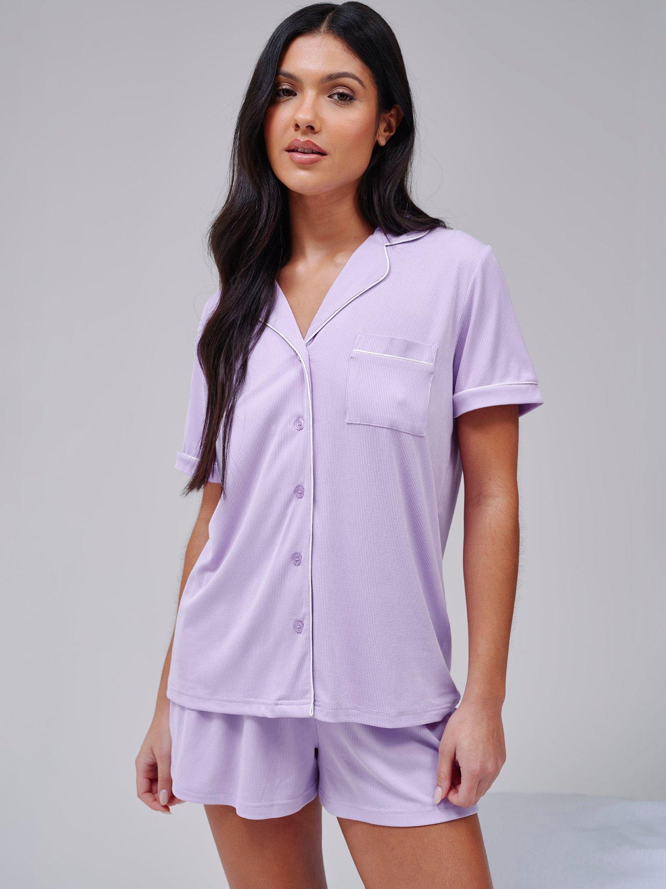 loungeable-super-soft-jersey-rib-traditional-short-sleeve-short-set-lilac-purple