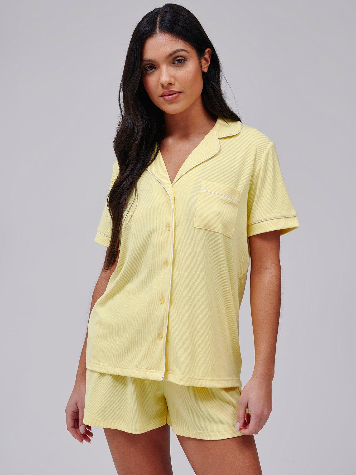 loungeable-super-soft-jersey-rib-traditional-short-sleeve-short-set-yellow