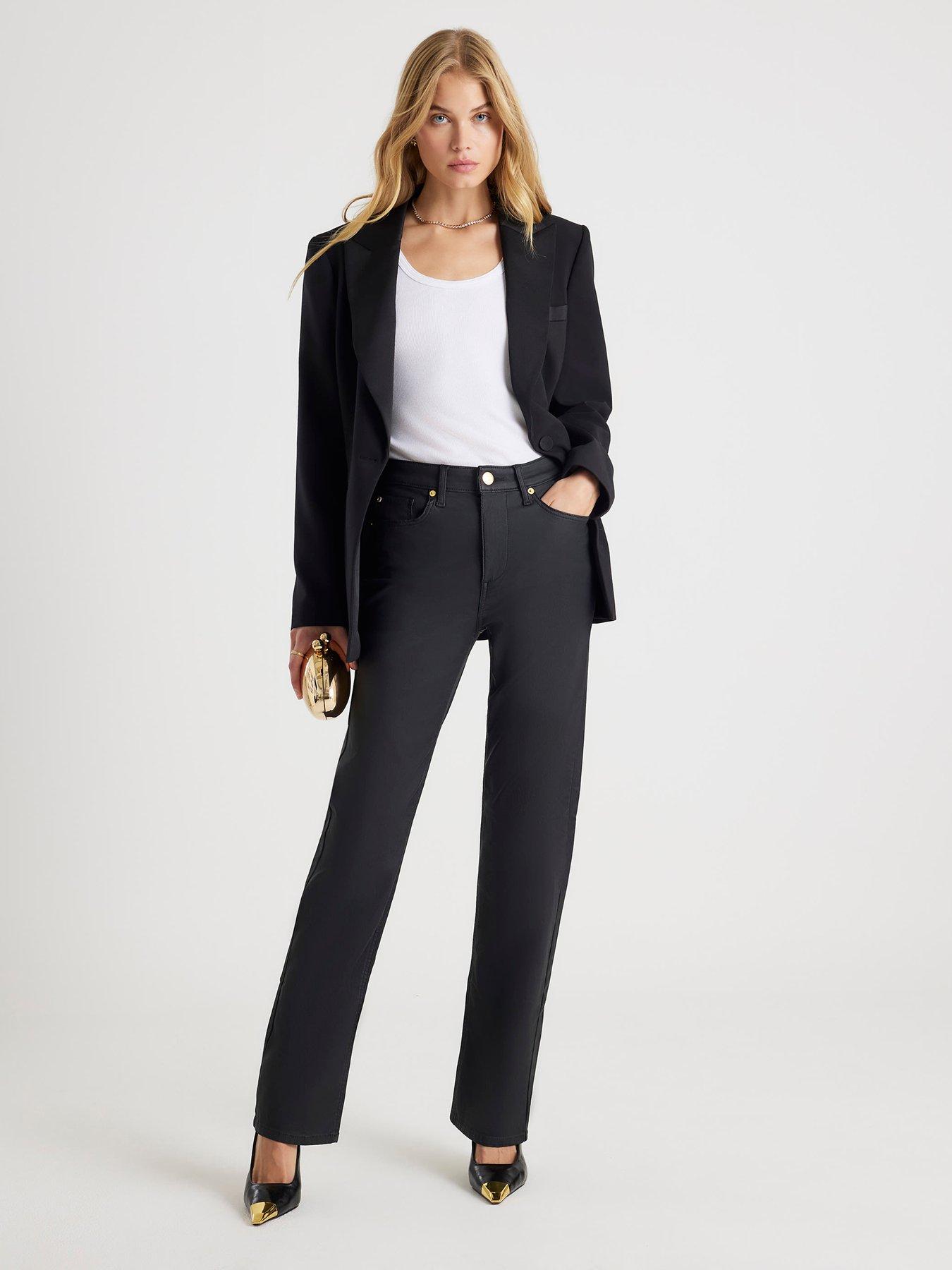 Image 1 of 4 of River Island Monica Coated Stretch Straight Jeans&nbsp;- Black