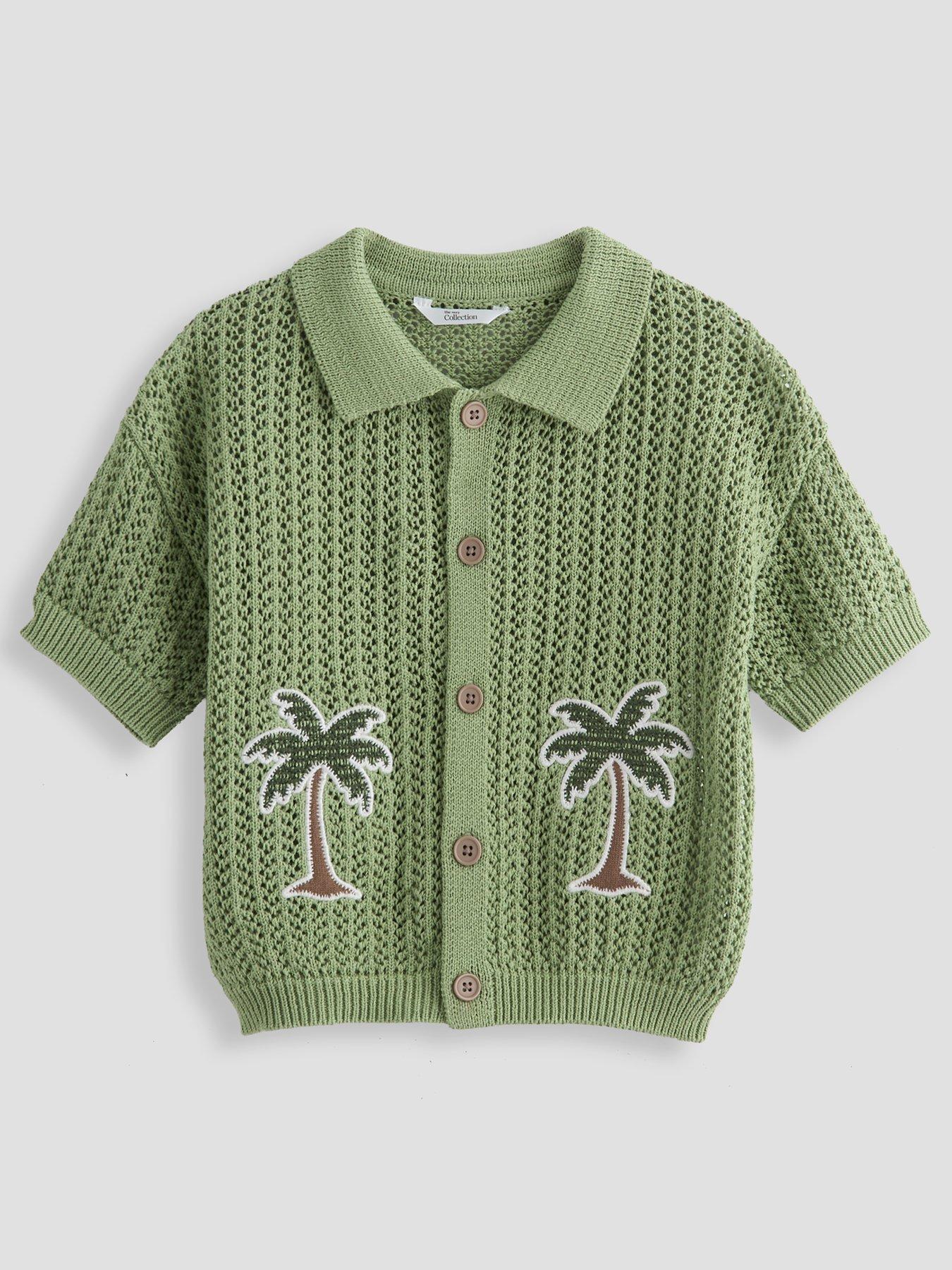The Very Collection Boys Crochet Palm Tree Detail Button Up Shirt - Green