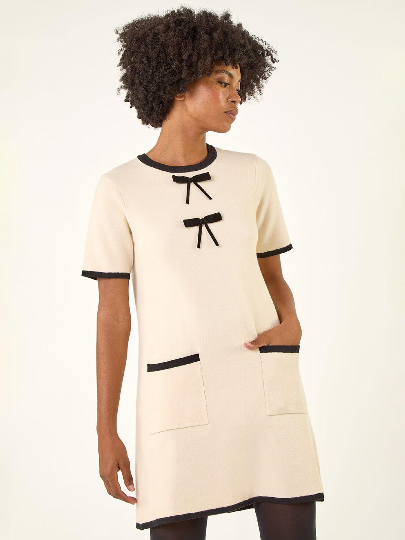 Roman Bow Detail Knitted Dress - Ivory