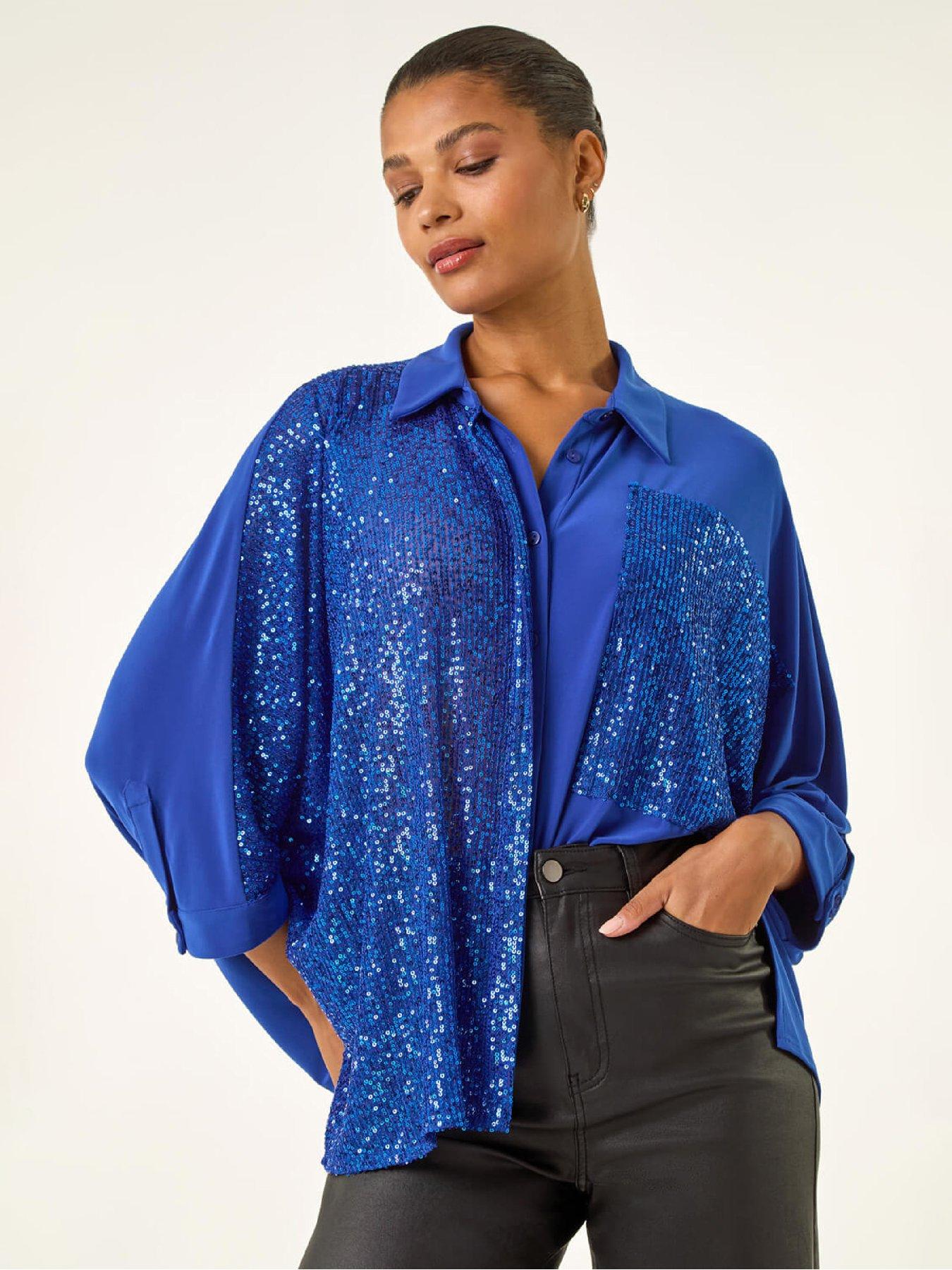 roman-sequin-buttoned-blouse-royal-blue