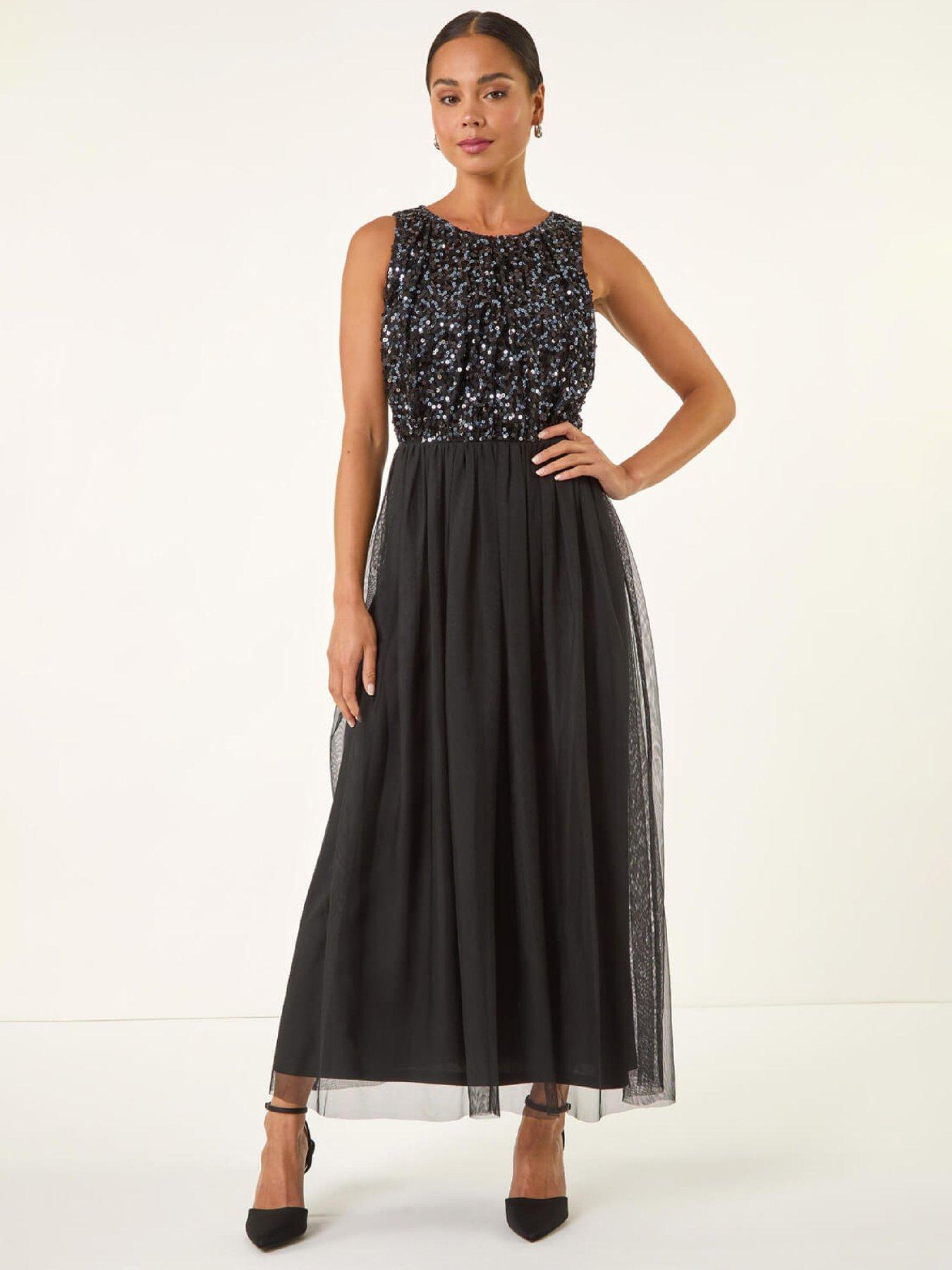 Roman Petite Contrast Sequin Mesh Dress - Black