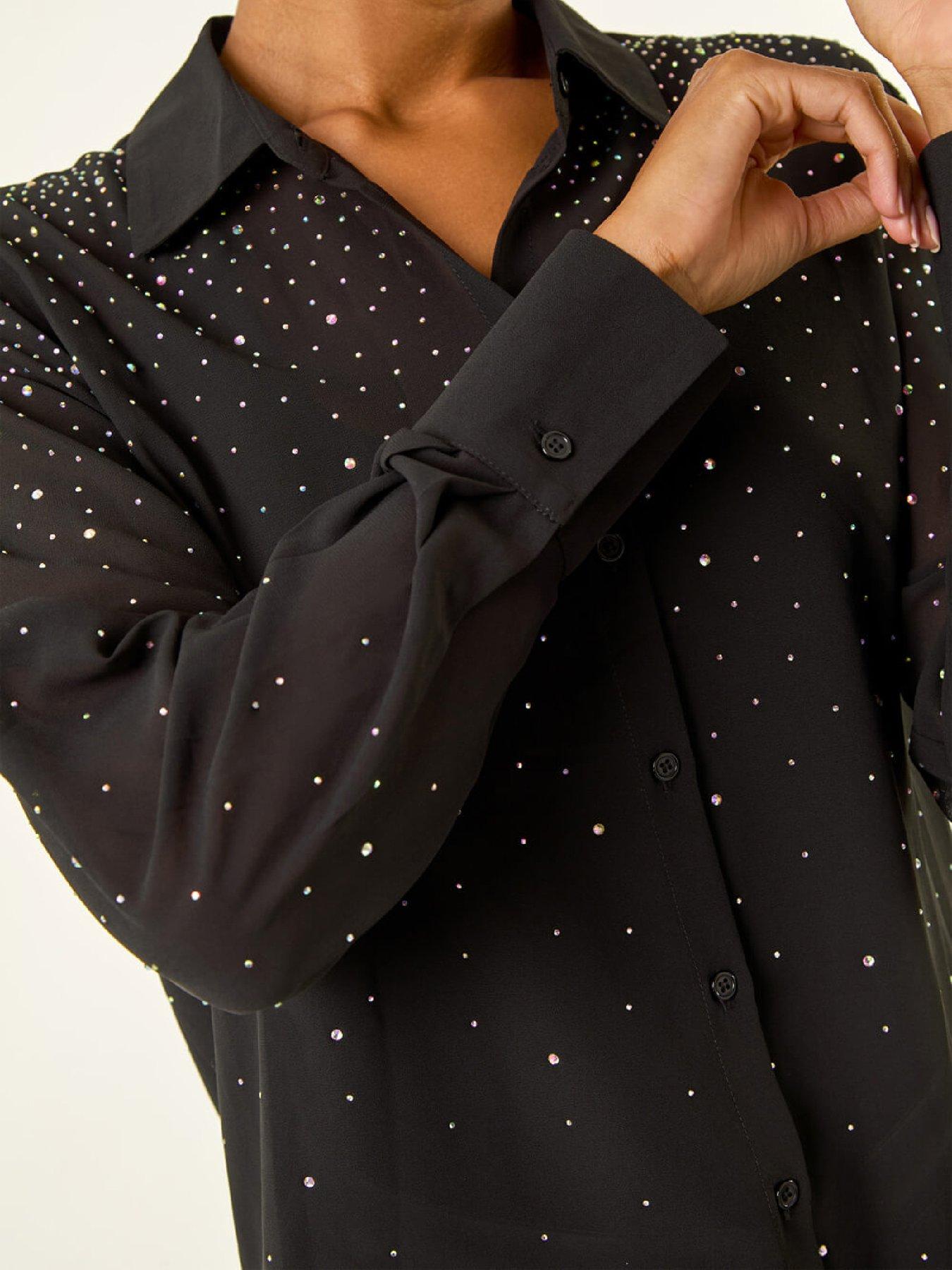 Image 5 of 5 of Roman Diamante Hotfix Button Blouse - Black