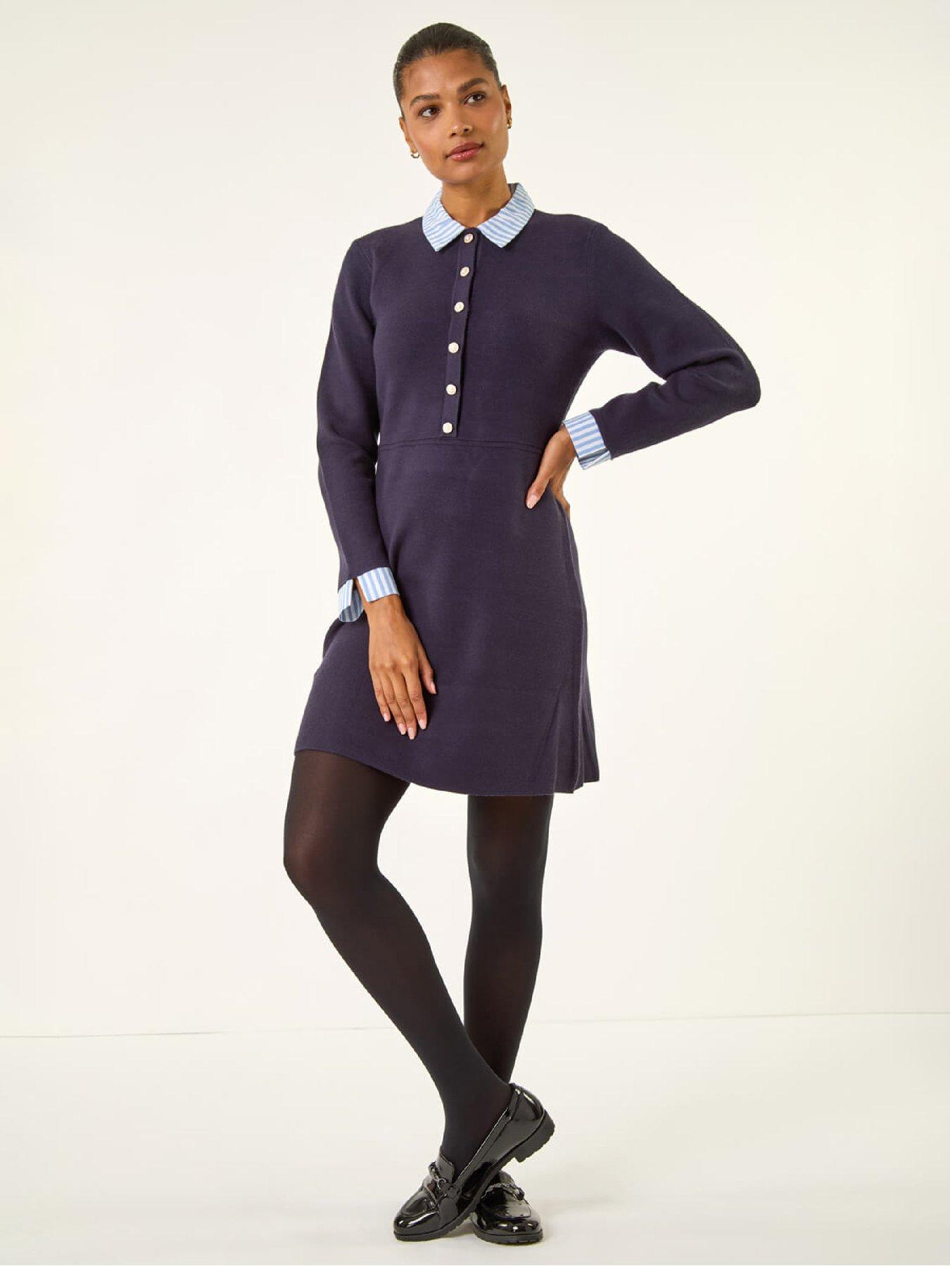 Roman Stripe Collar Buttoned Knit Dress - Navy