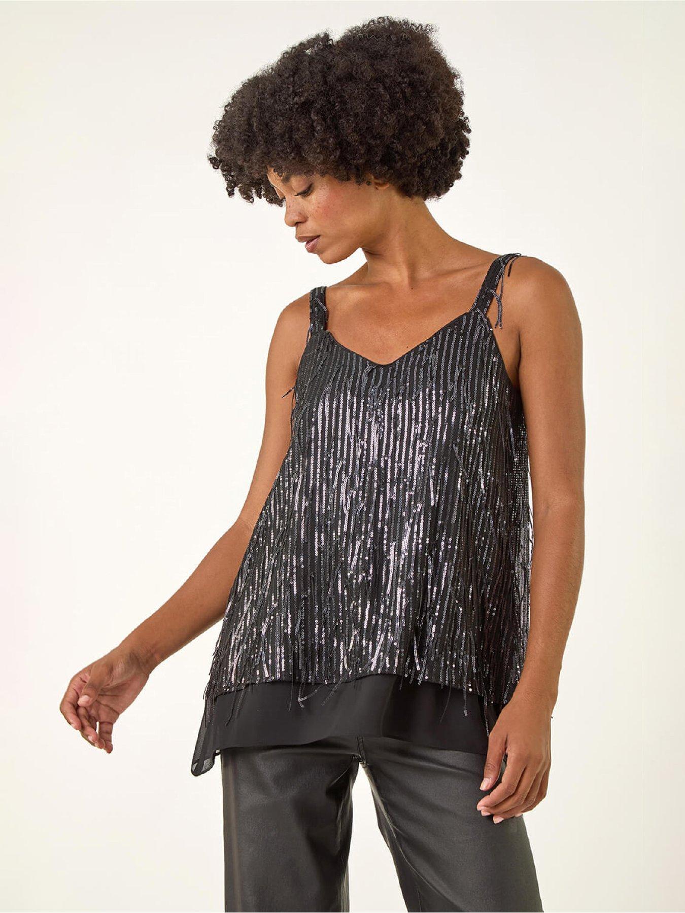 roman-tassel-sequin-chiffon-top-dark-grey
