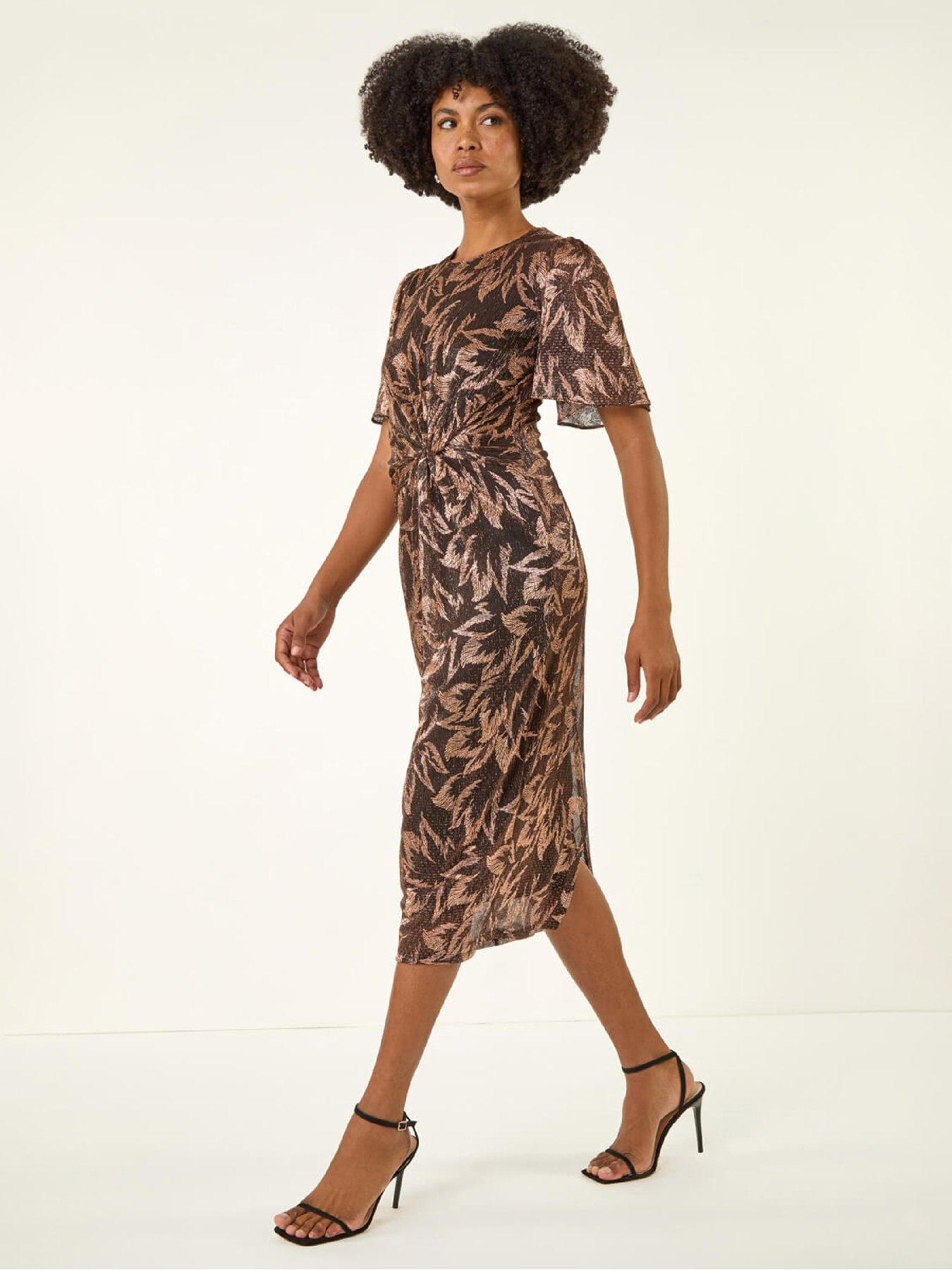 roman-foil-print-twist-front-midi-dress-bronzefront