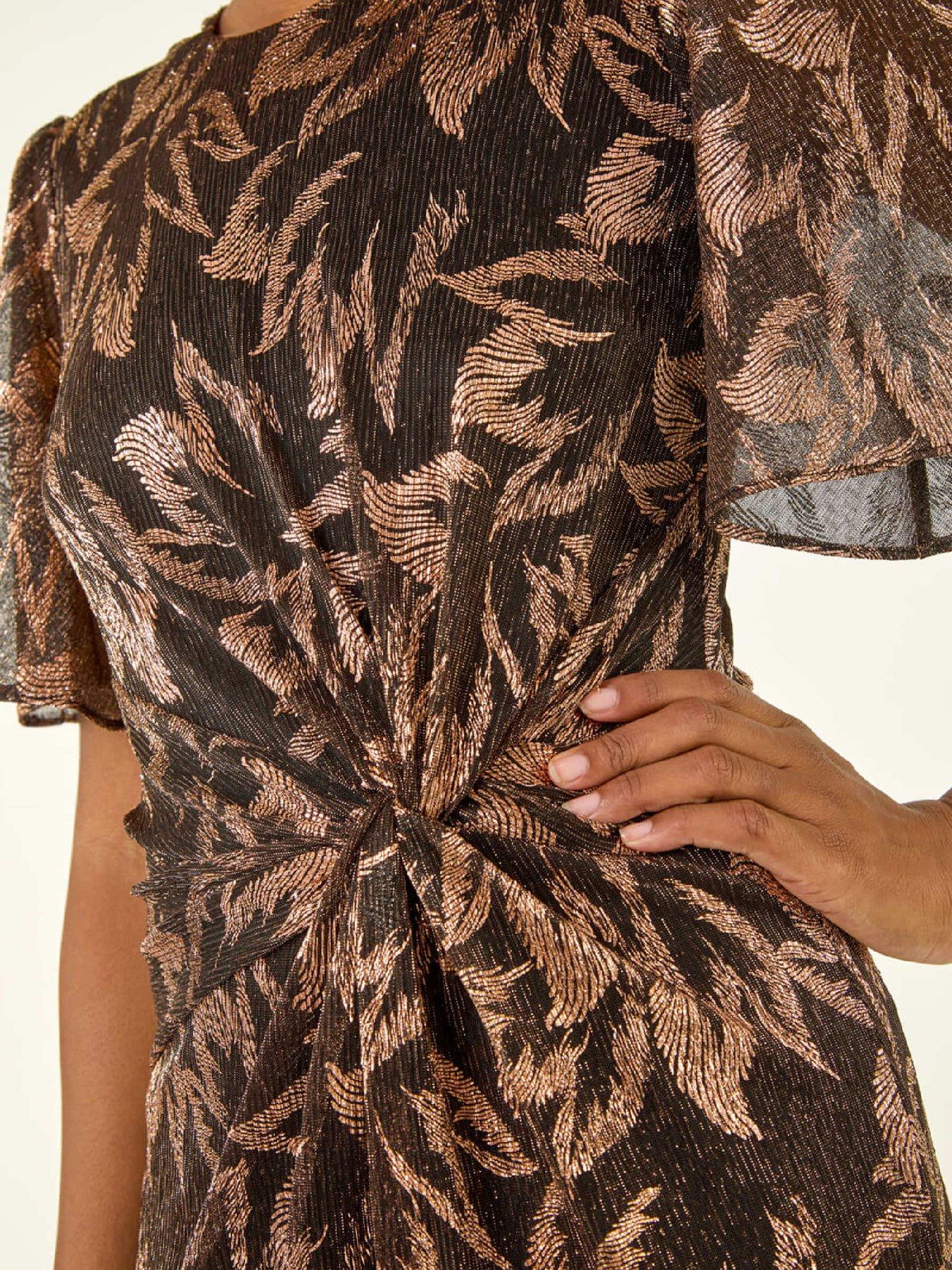 roman-foil-print-twist-front-midi-dress-bronzedetail