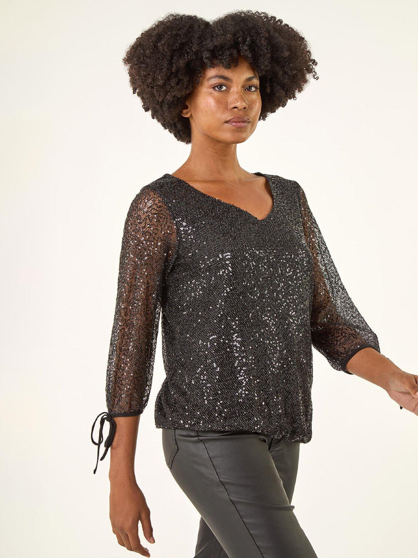 roman-sequin-mesh-blouson-top-black