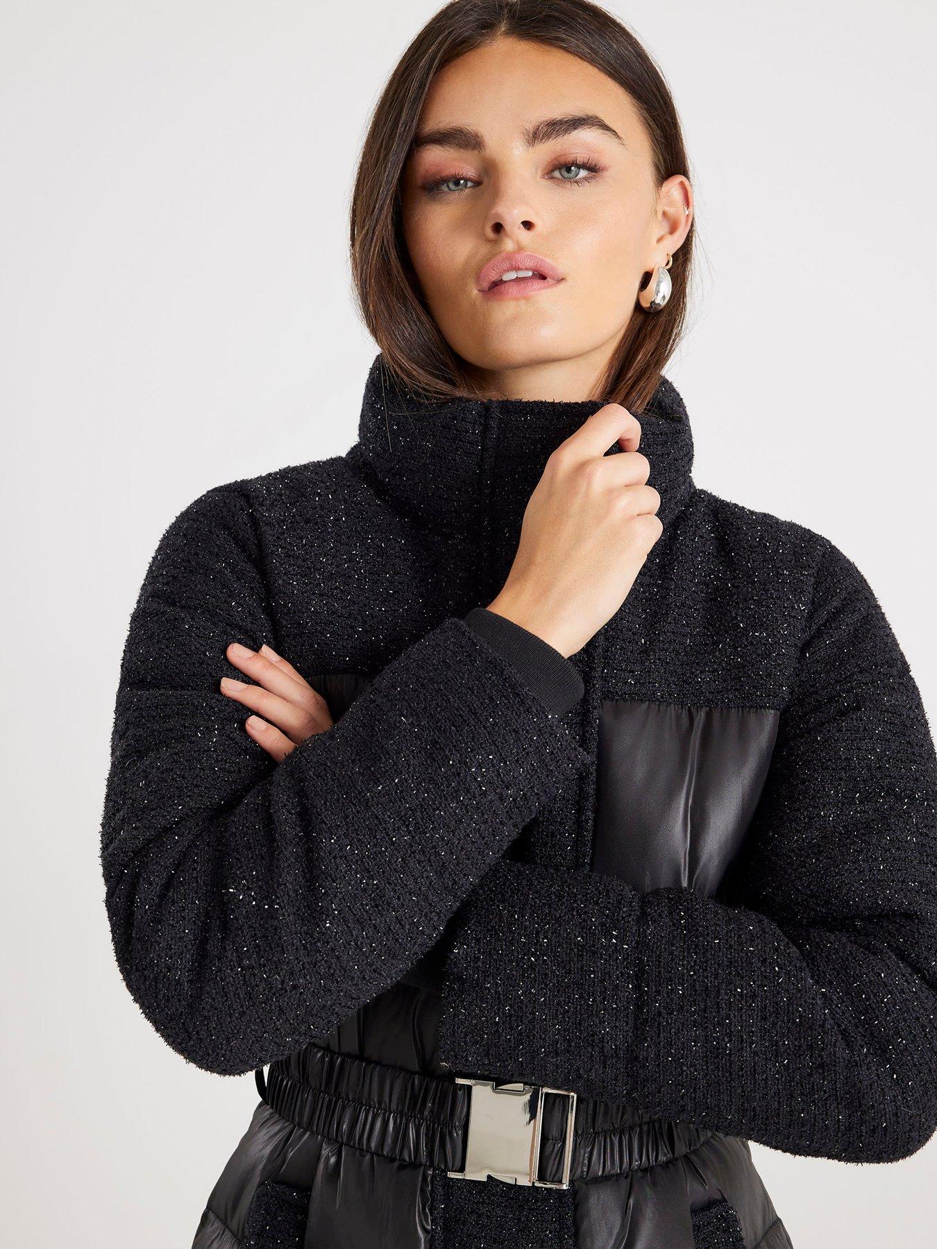 Image 4 of 4 of River Island Boucle Mix Long Puffer - Black