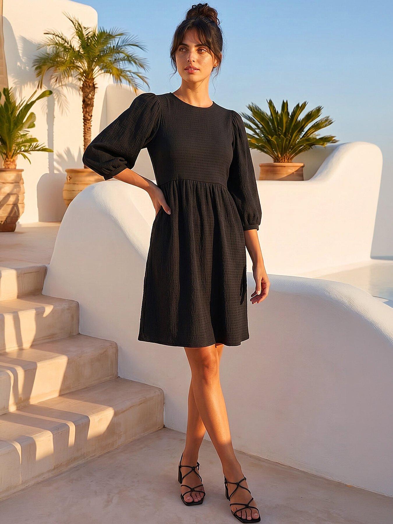 roman-dusk-textured-blouson-puff-sleeve-dress-black