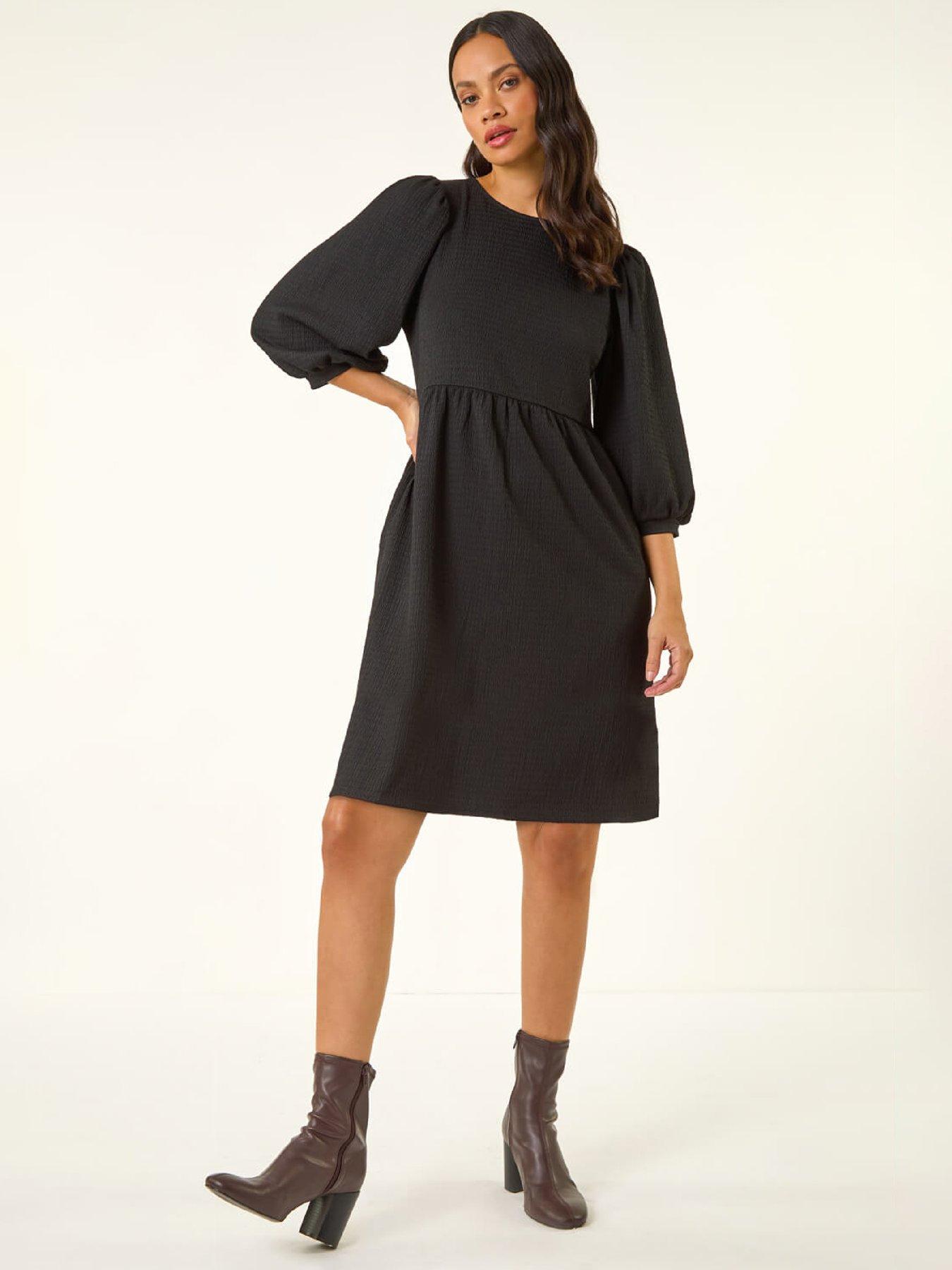 Roman Dusk Textured Blouson Puff Sleeve Dress - Black