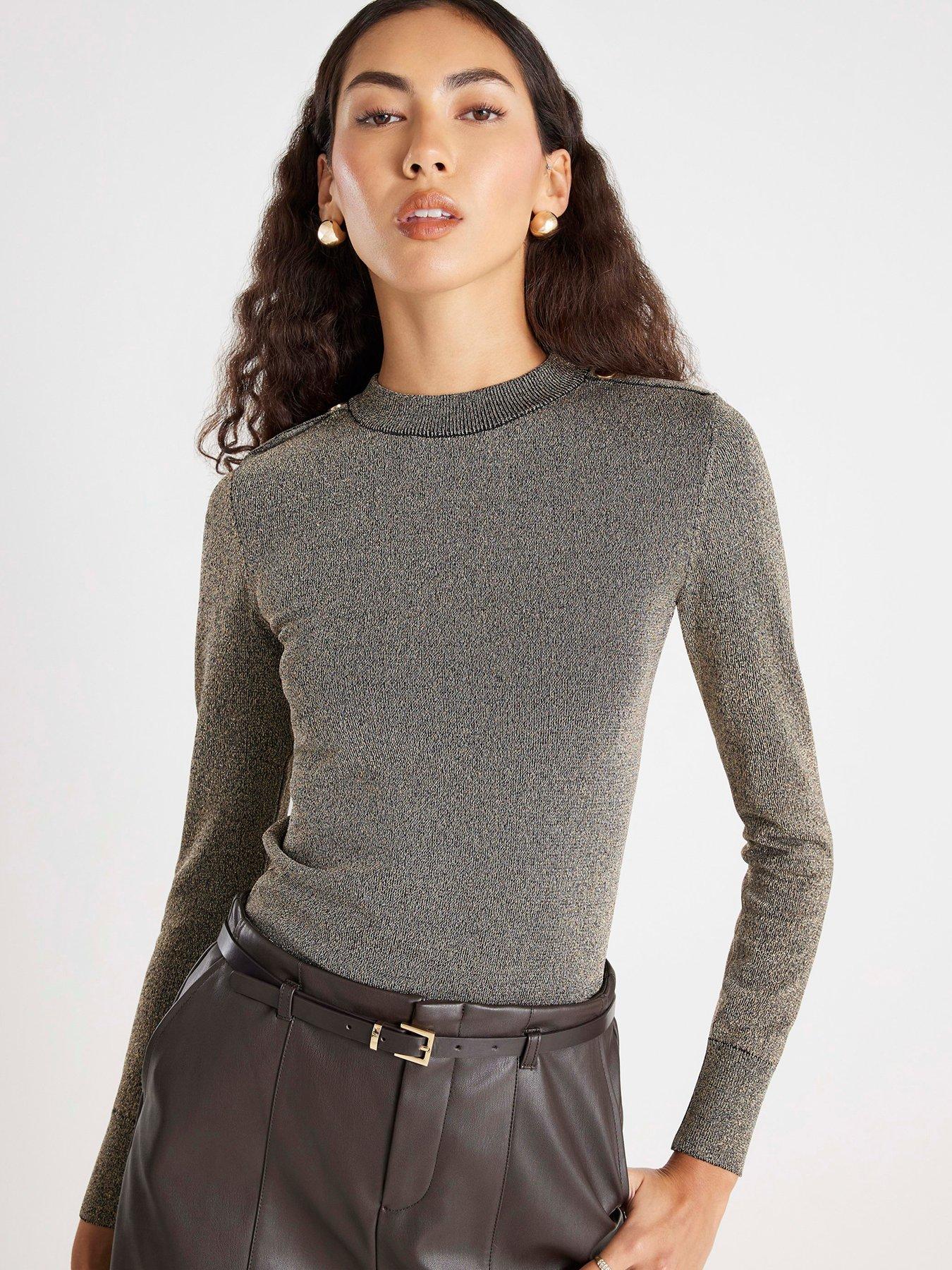 River Island Long Sleeve Lurex Bodyfit Knit - Gold