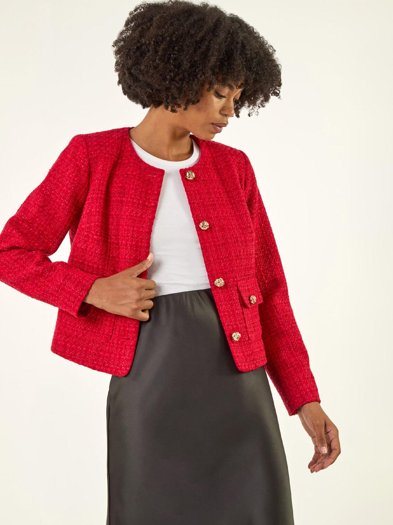 Roman Collarless Buttoned Boucle Jacket - Red