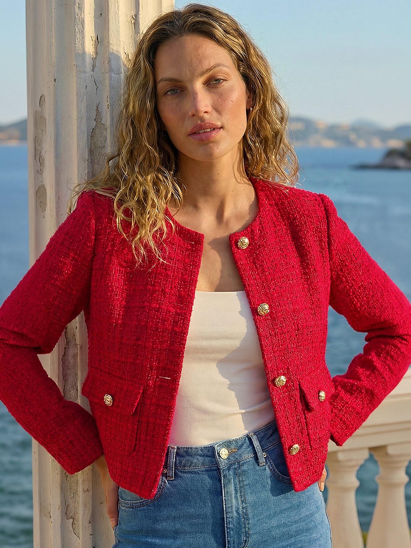 Image 1 of 5 of Roman Collarless Buttoned Boucle Jacket - Red