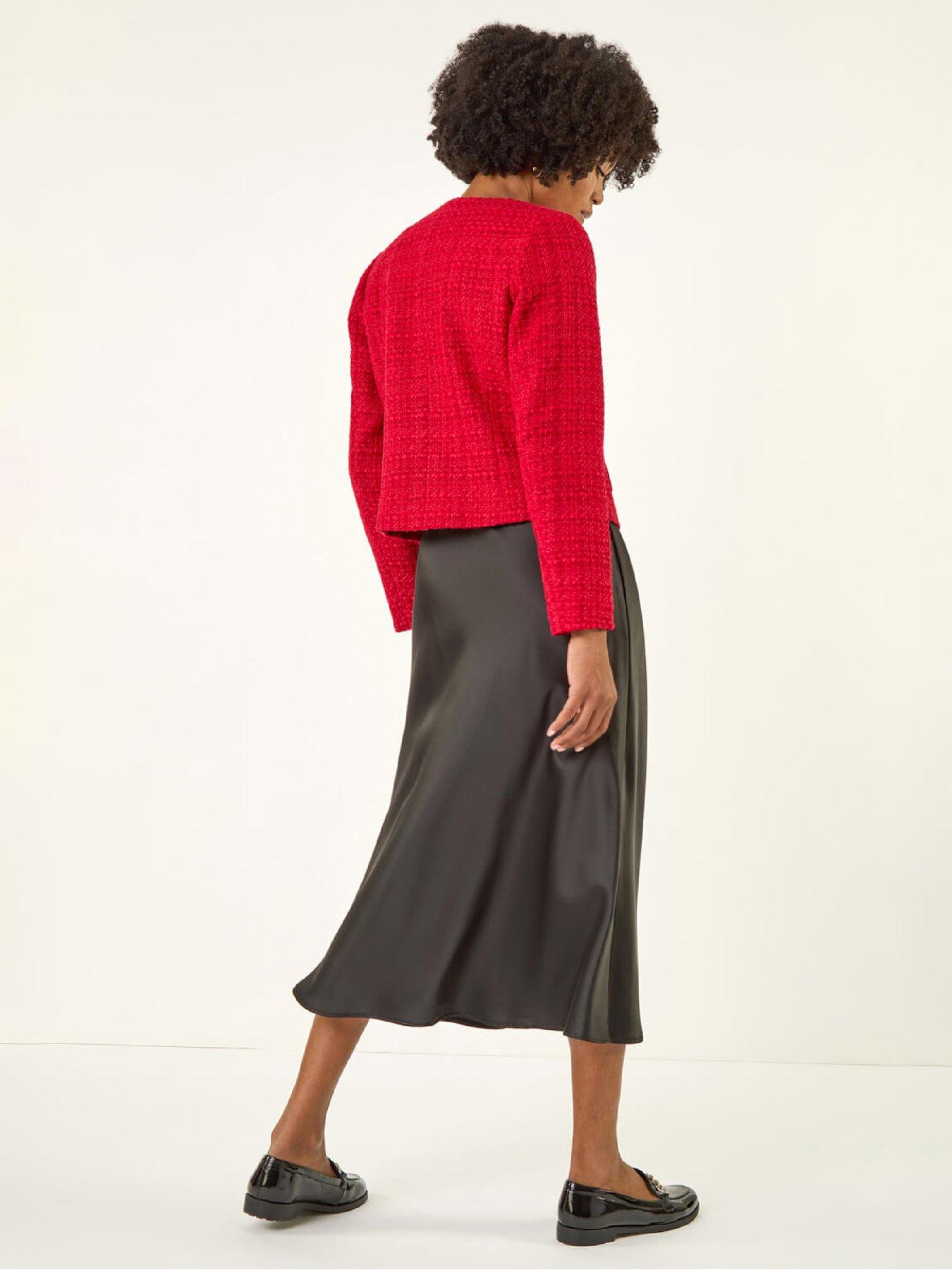 Image 2 of 5 of Roman Collarless Buttoned Boucle Jacket - Red