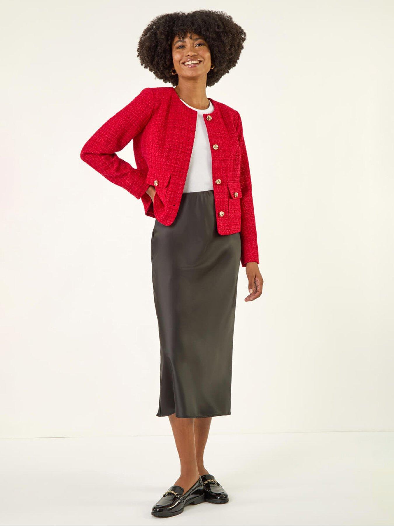 Image 3 of 5 of Roman Collarless Buttoned Boucle Jacket - Red
