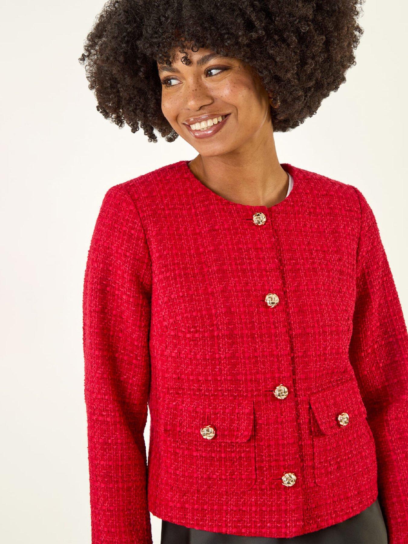 Image 4 of 5 of Roman Collarless Buttoned Boucle Jacket - Red